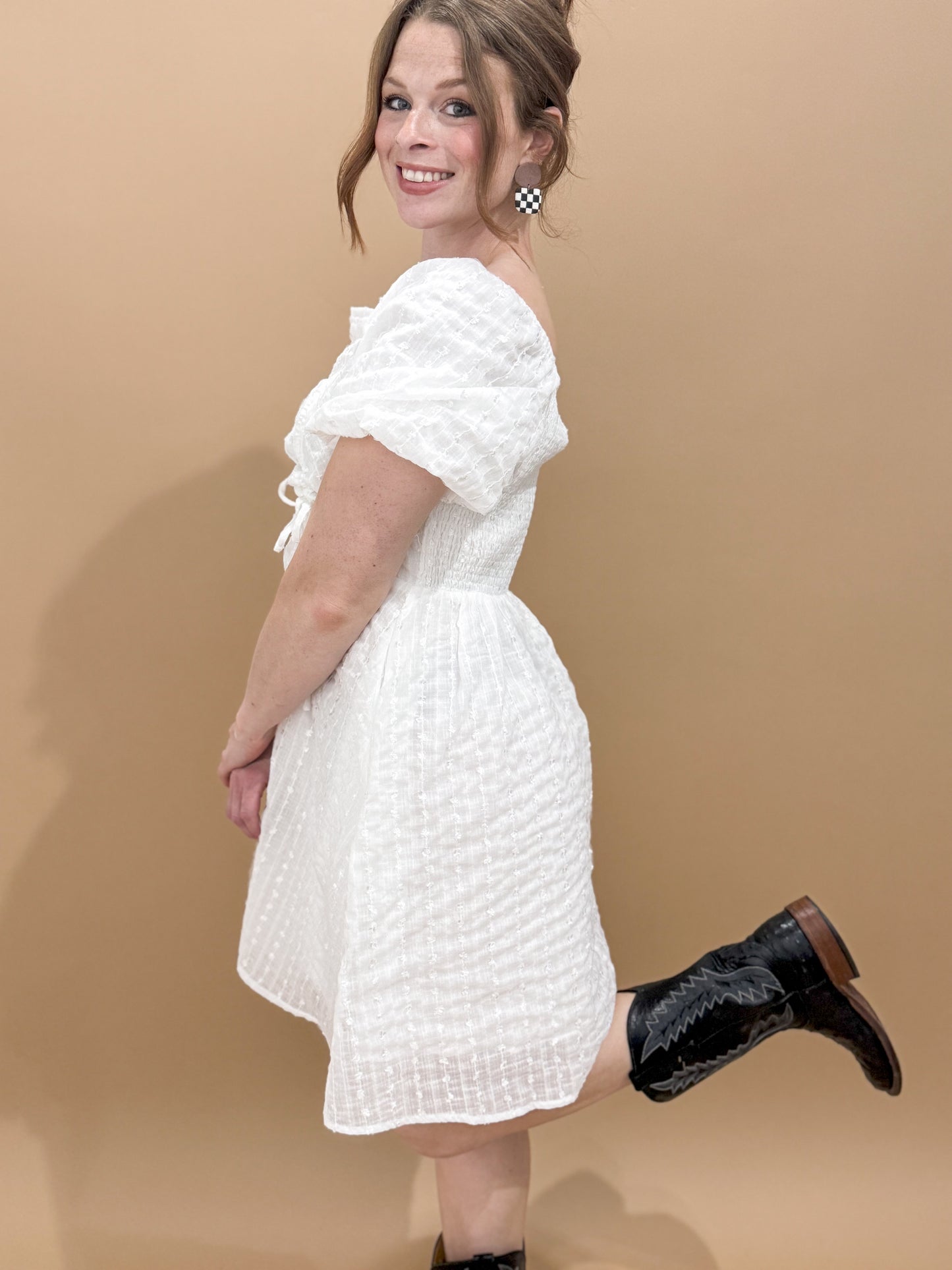 Lila Textured Square Neck Cinched Bust Dress, White
