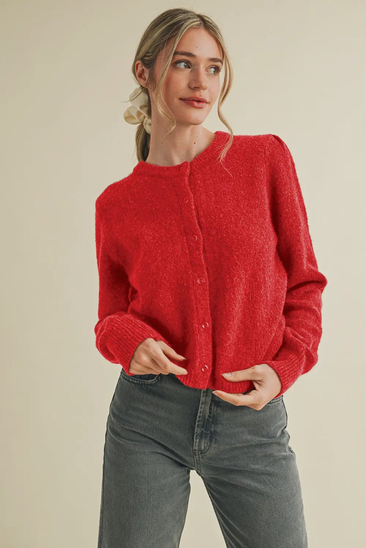 Haidyn Long Sleeve Button Up Cardigan, Red