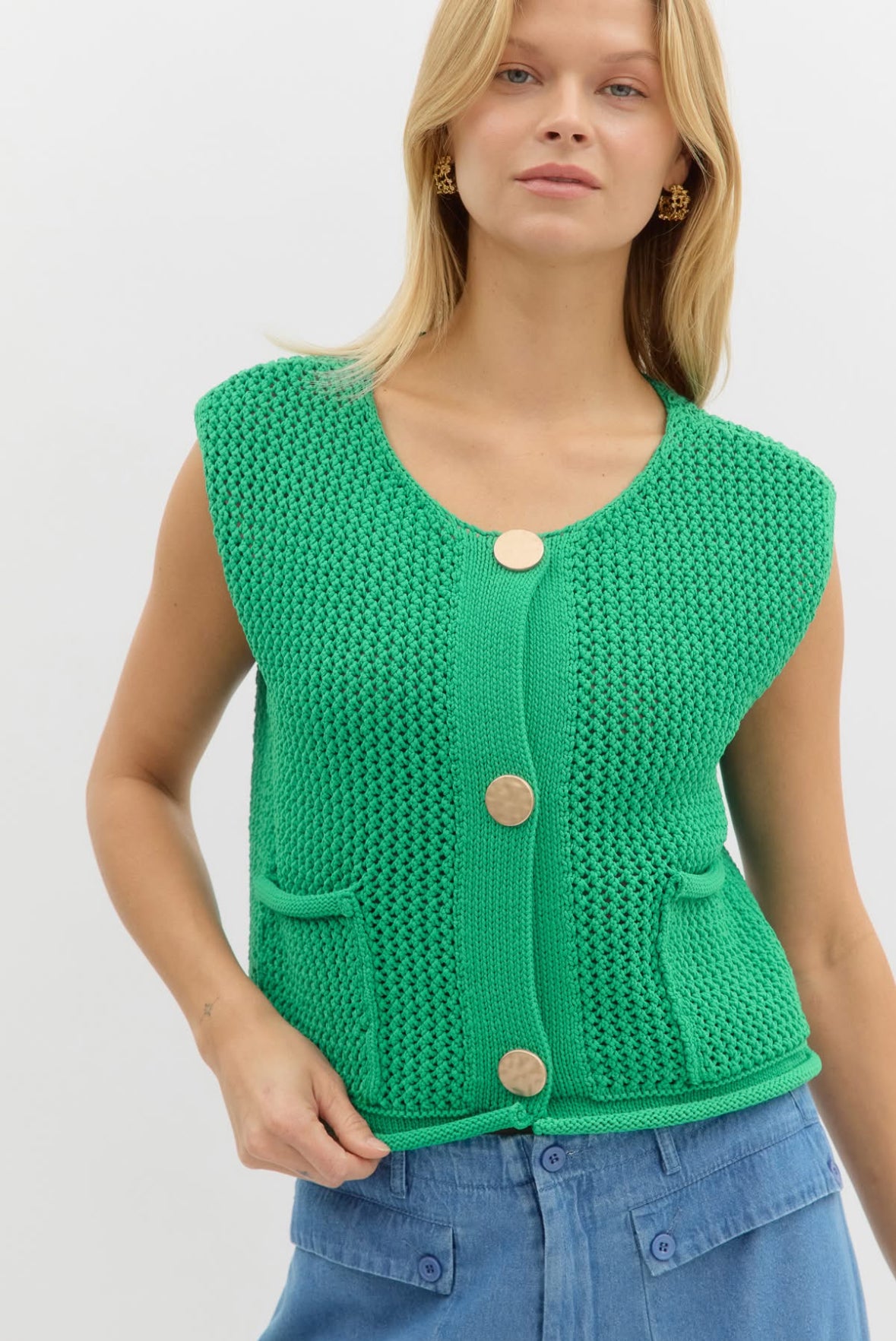 Zellie Knit Button Up Sweater Vest, Green