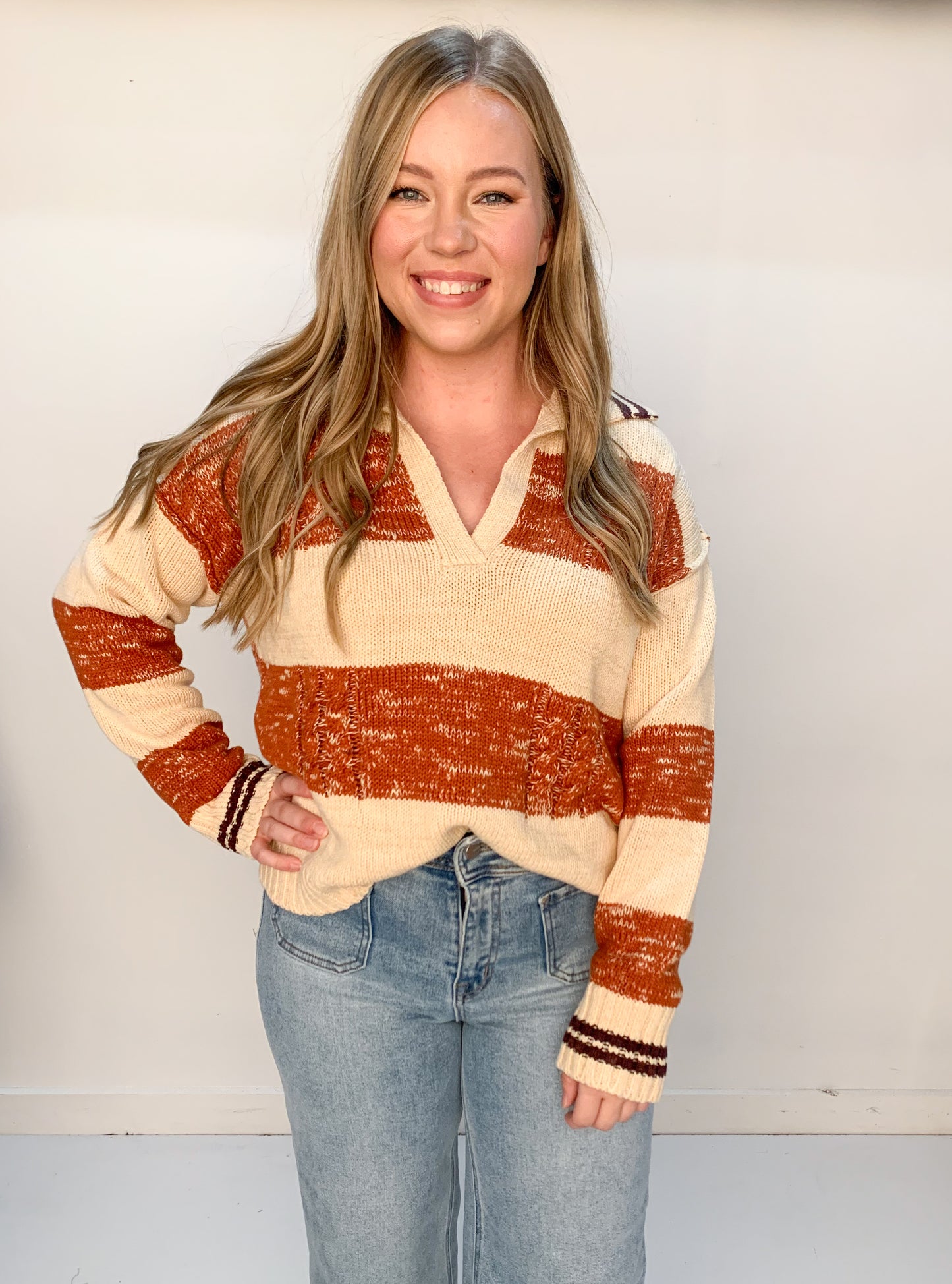 Archer Stripe Collared V-Neck Sweater, Terracotta