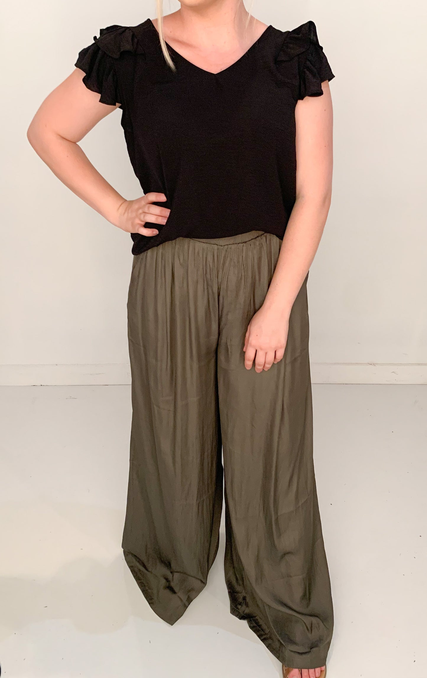 Ella Satin Palazzo Pants, Olive