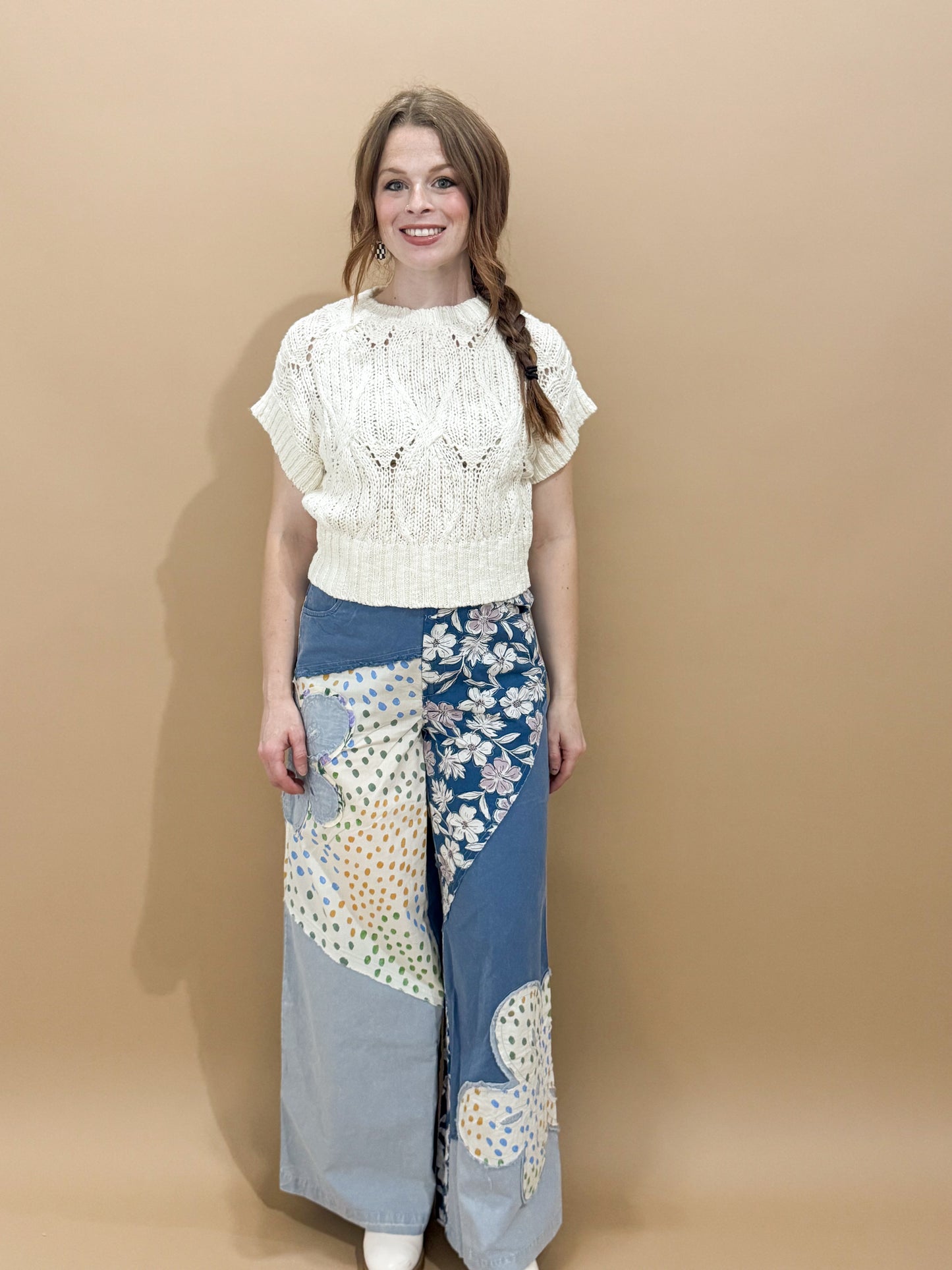 Anika Flower Patch Mixed Print Woven Wide Leg Pants, Denim