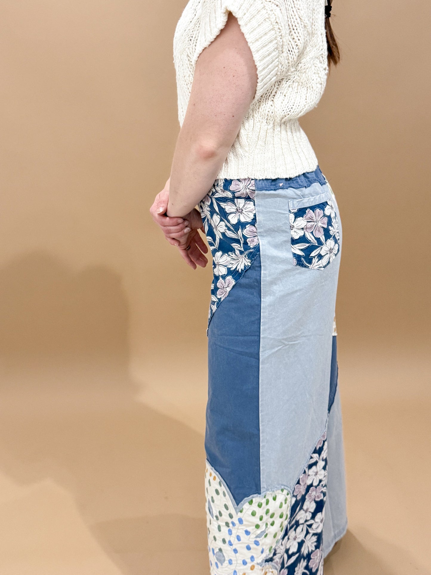 Anika Flower Patch Mixed Print Woven Wide Leg Pants, Denim
