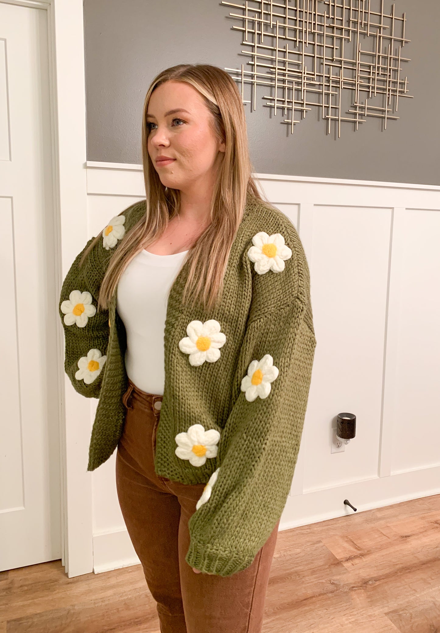 Olli Knit Bubble Sleeve Floral Cardigan, Olive