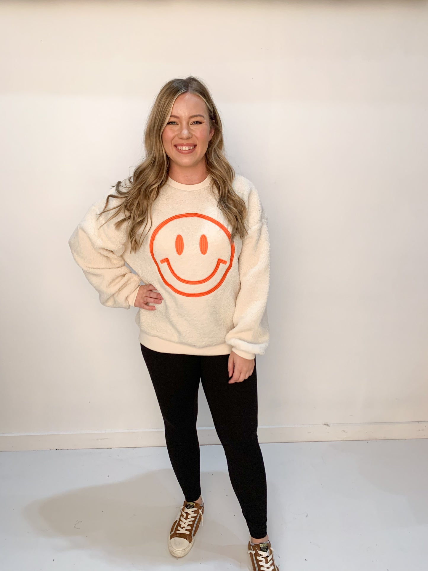 Smiley Embroidered Fleece Crewneck Sweatshirt, Cream