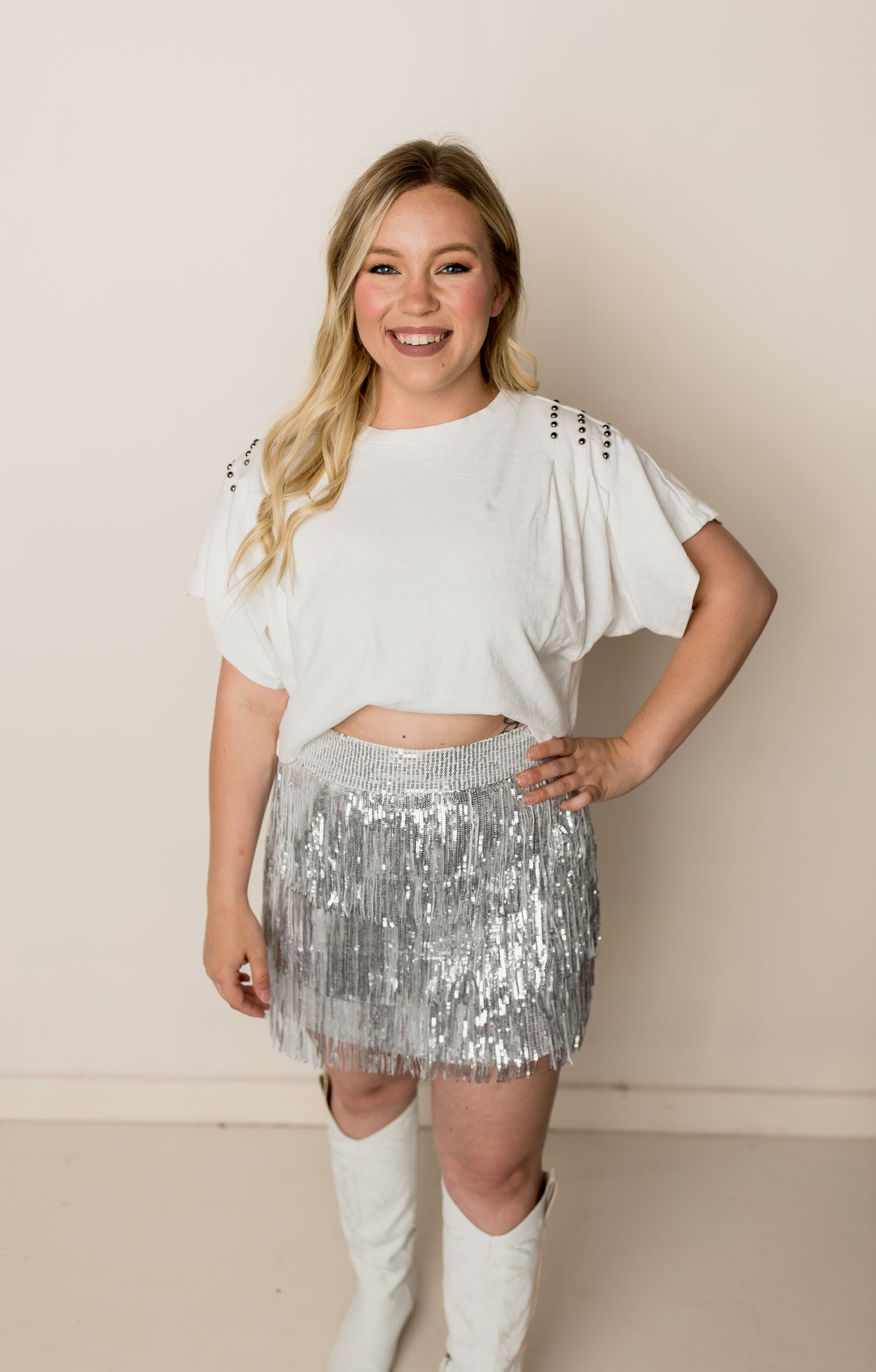 Maren Garment Washed Studded Cropped Tee, White