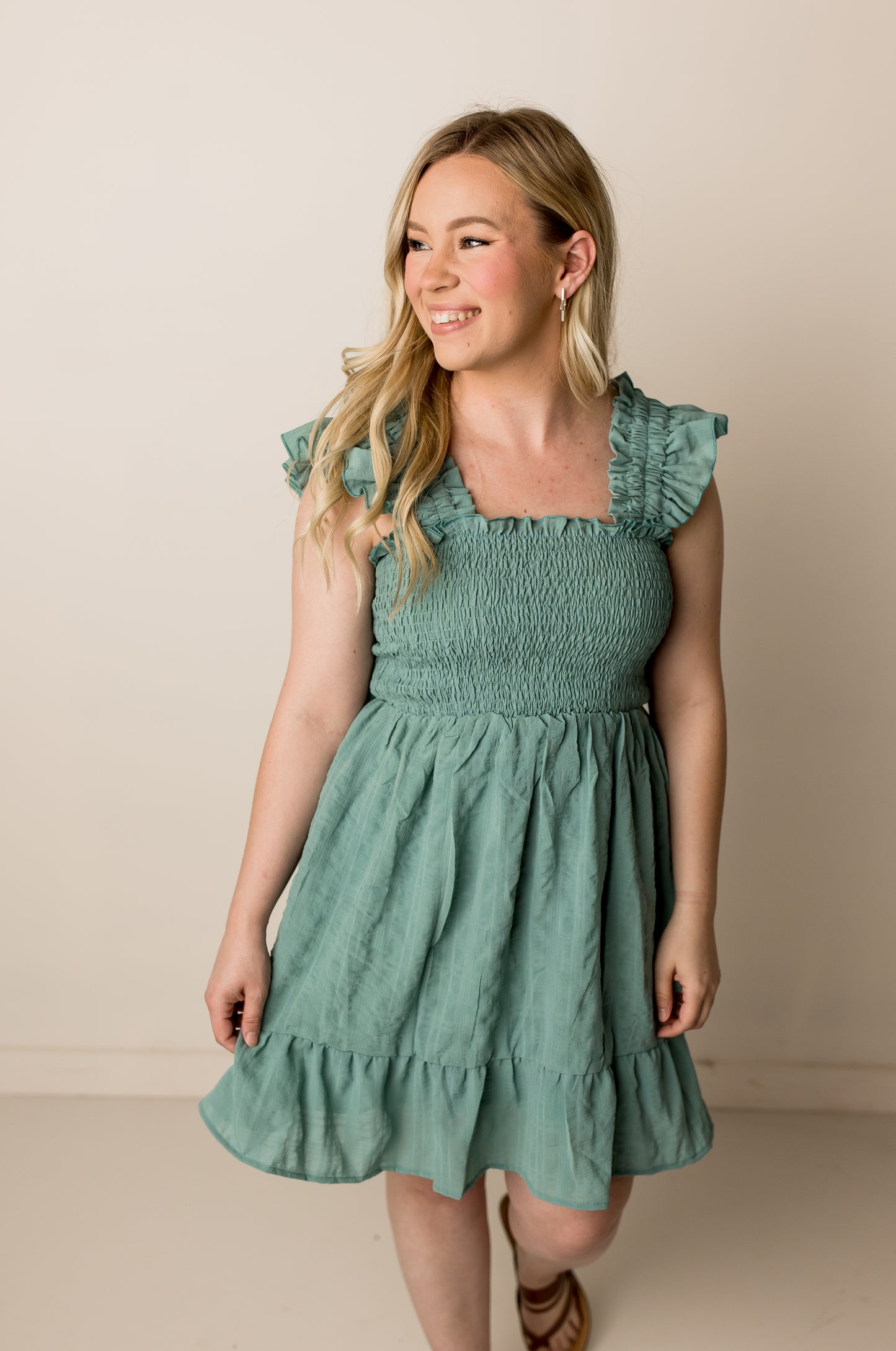 Jillian Textured Frill Detail Smocked Bodice Mini Dress, Dark Mint