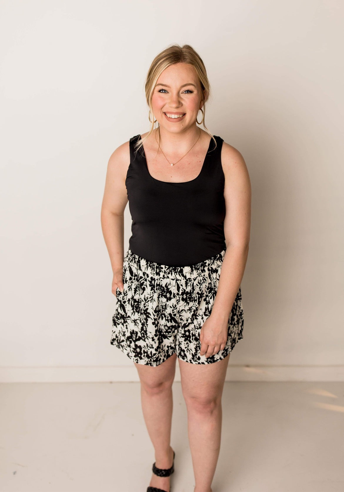 Sylvia Floral Crinkle Shorts with Elastic Waist, Black / White