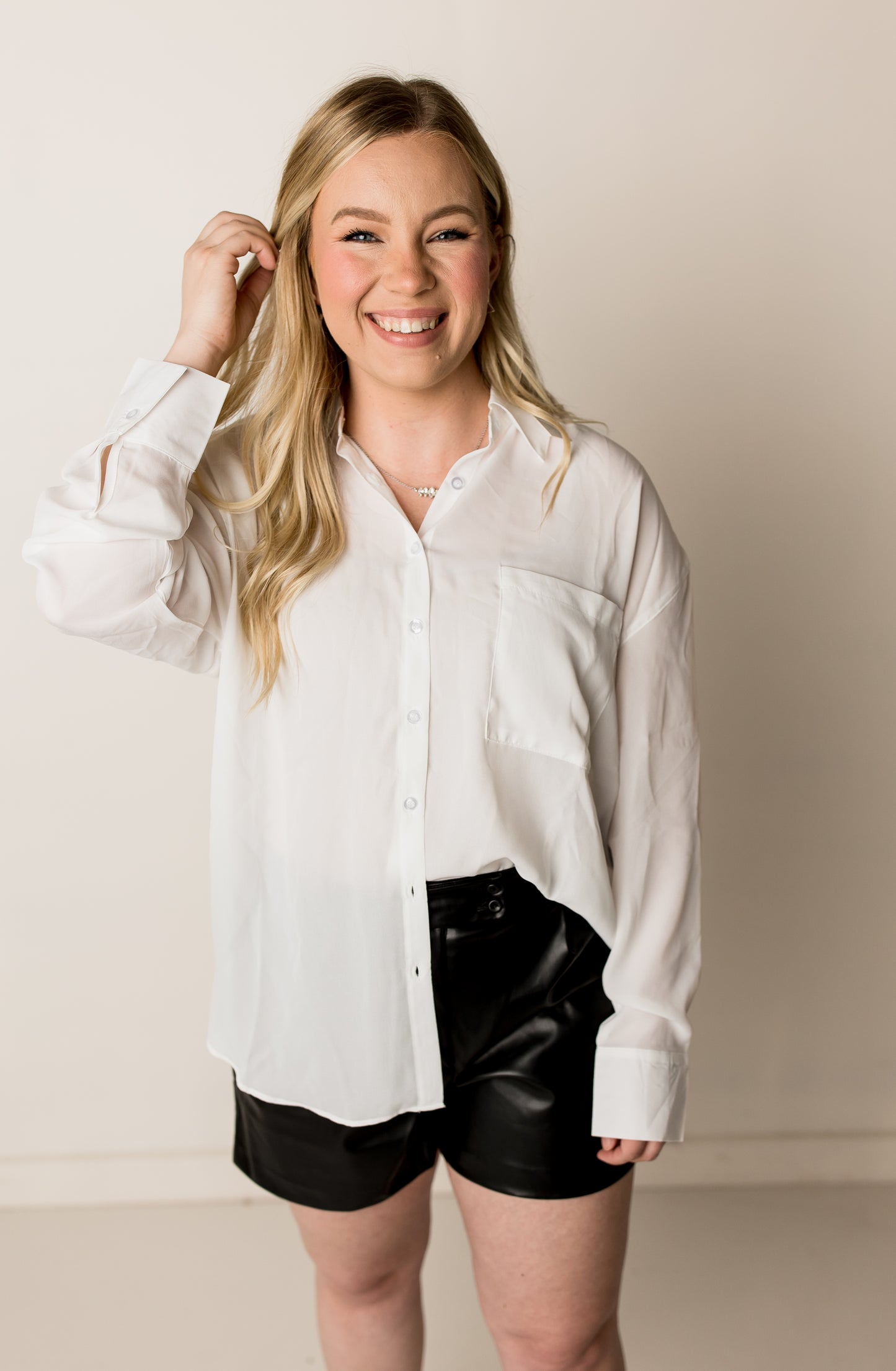 Frenchie Lightweight Button Down Top, White