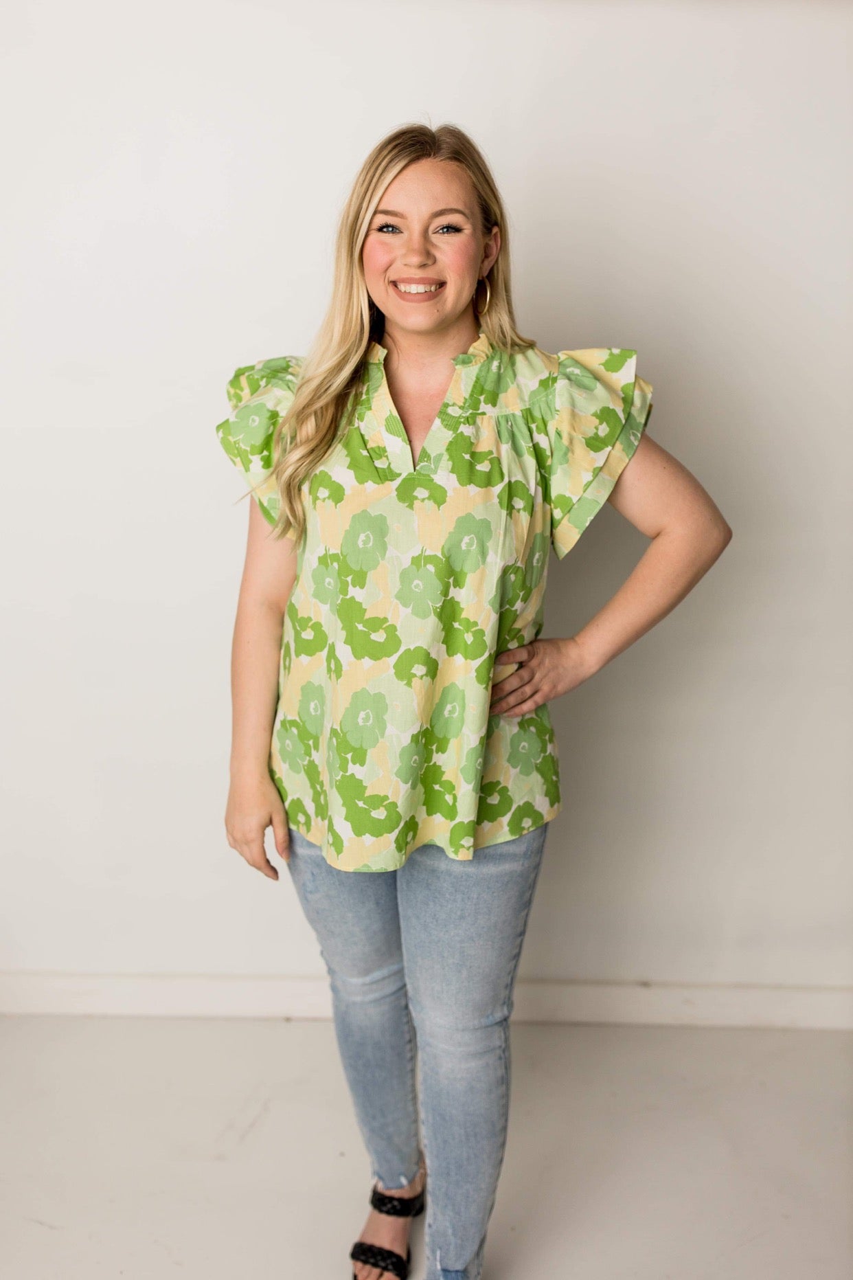 Greta Bold Floral Ruffle Sleeve Tank, Green