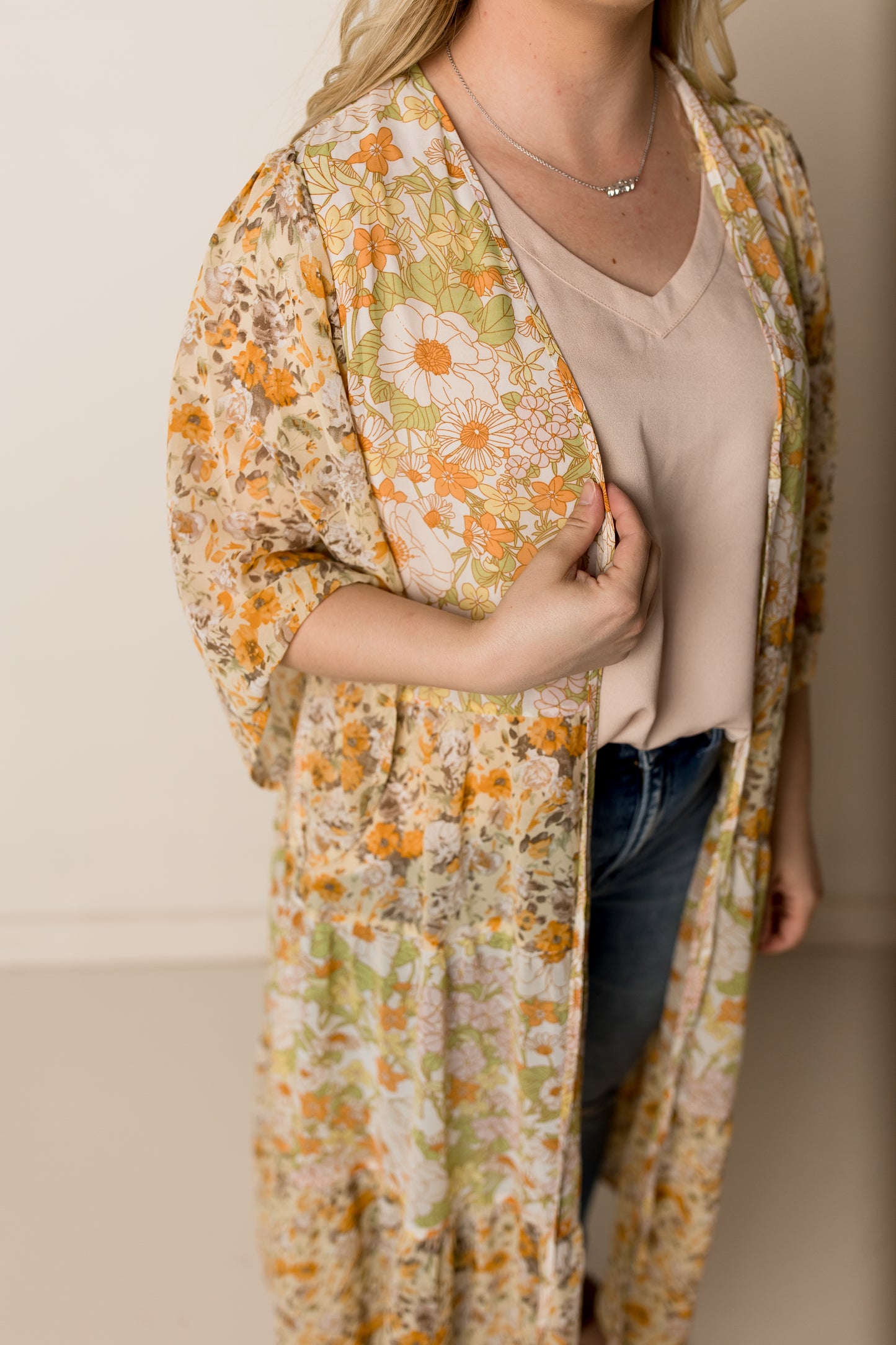 Vintage Print Chiffon Duster Kimono, Mustard Multi