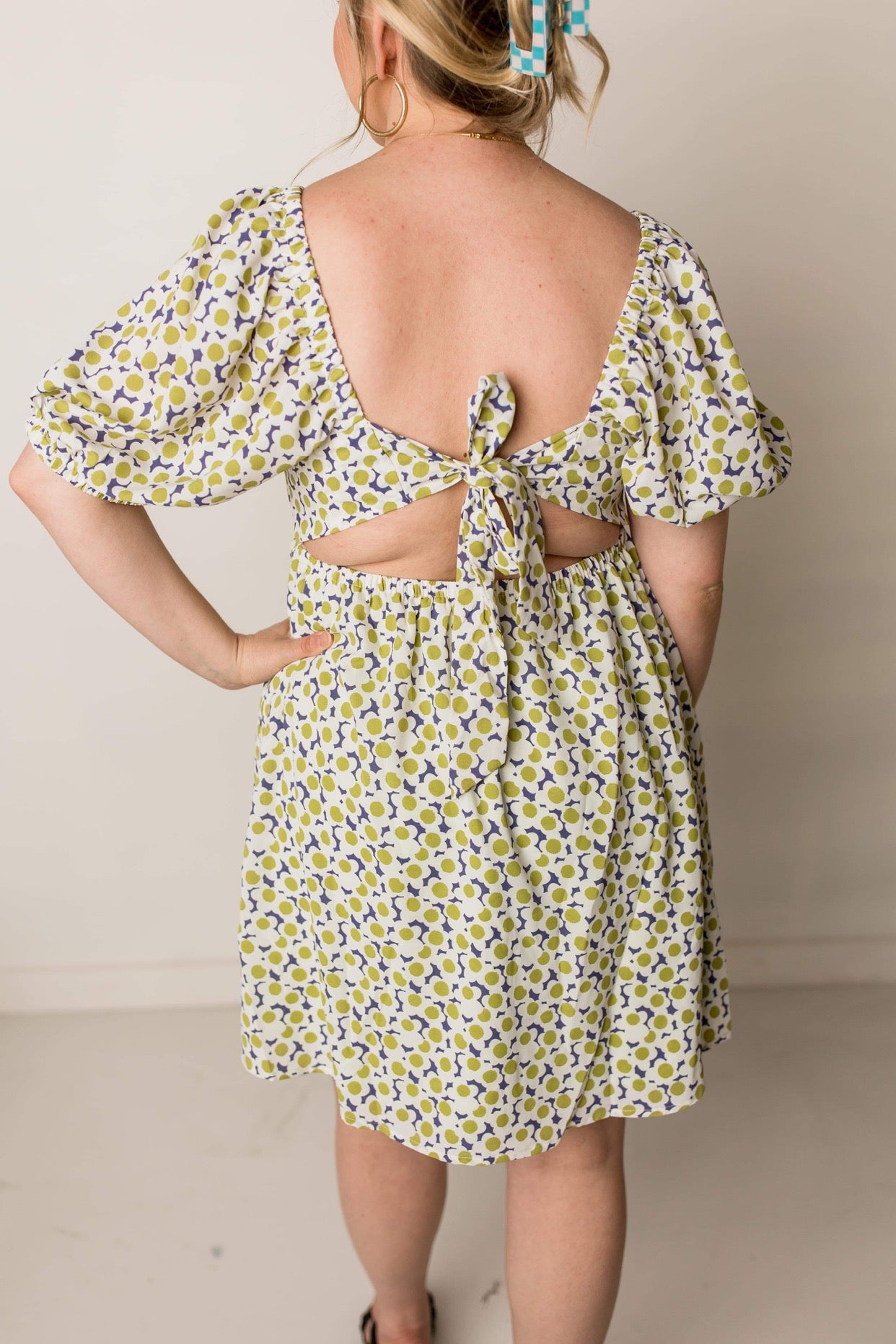 Drea Daisy Print Baby Doll Dress with Puff Sleeves, Lime Mix