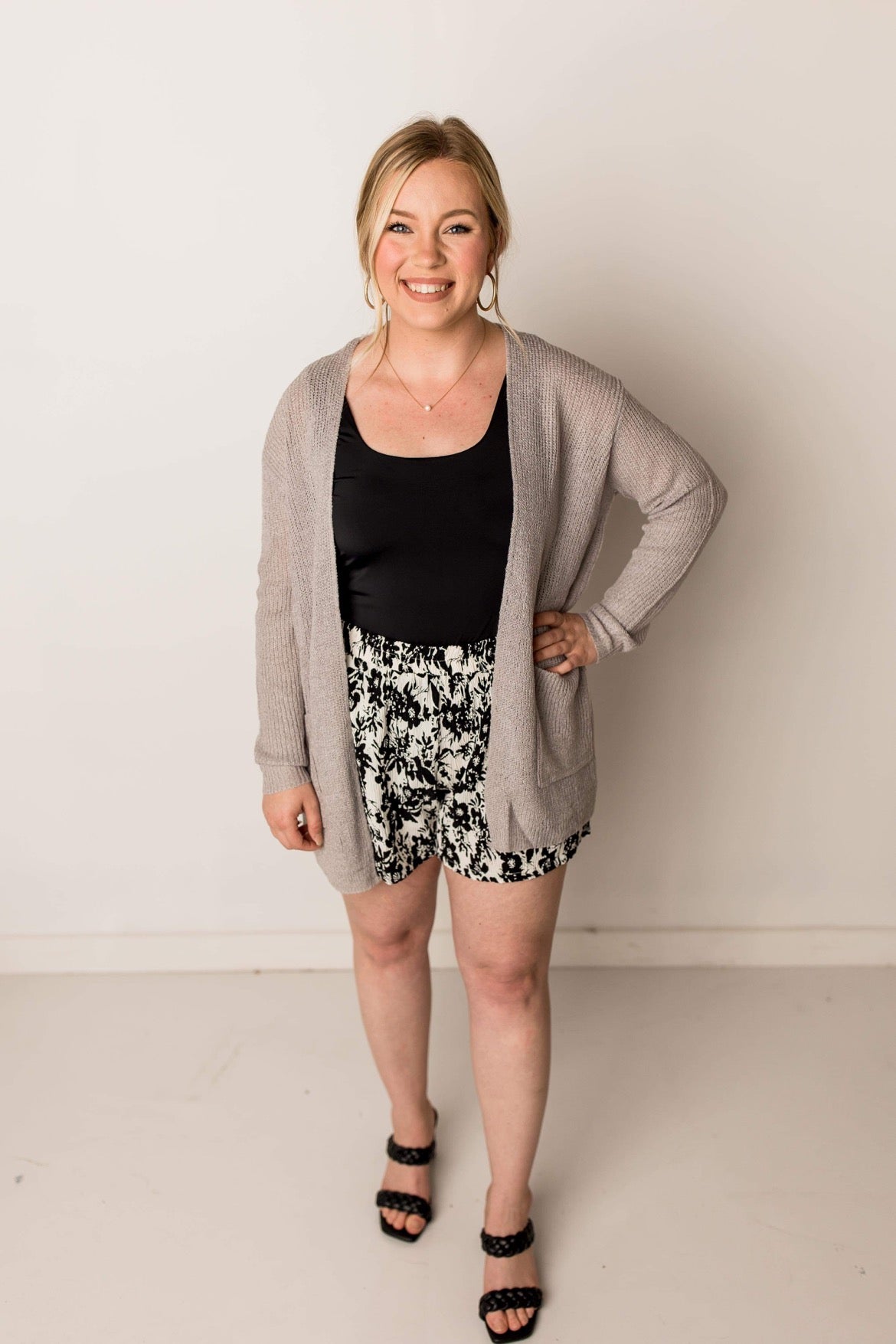 Sylvia Floral Crinkle Shorts with Elastic Waist, Black / White