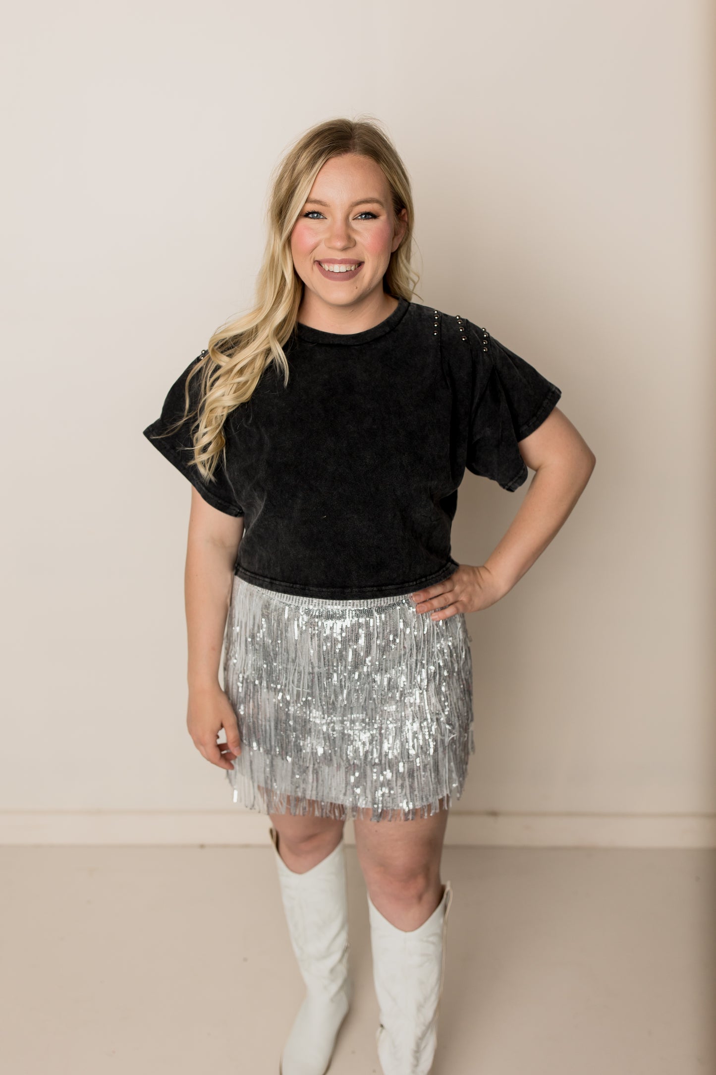 Maren Garment Washed Studded Cropped Tee, Black