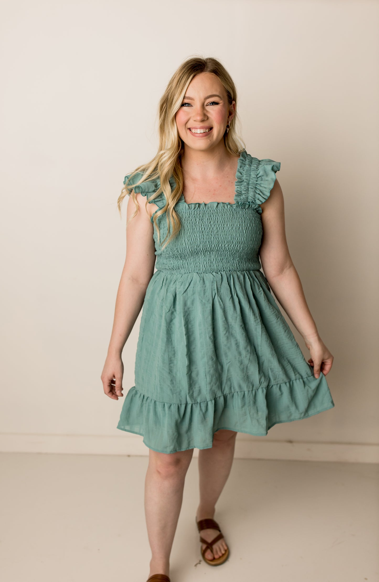 Jillian Textured Frill Detail Smocked Bodice Mini Dress, Dark Mint