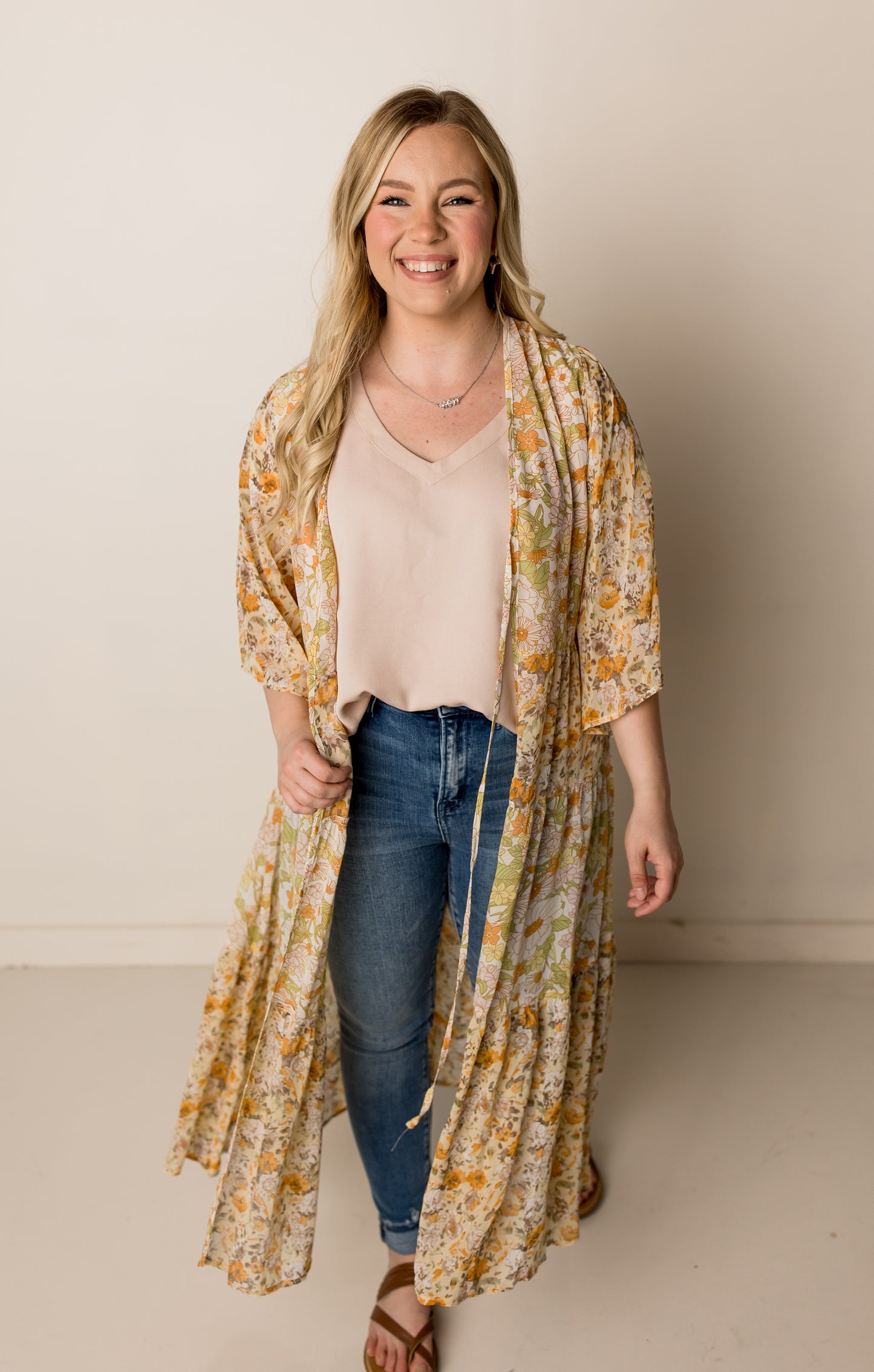 Vintage Print Chiffon Duster Kimono, Mustard Multi