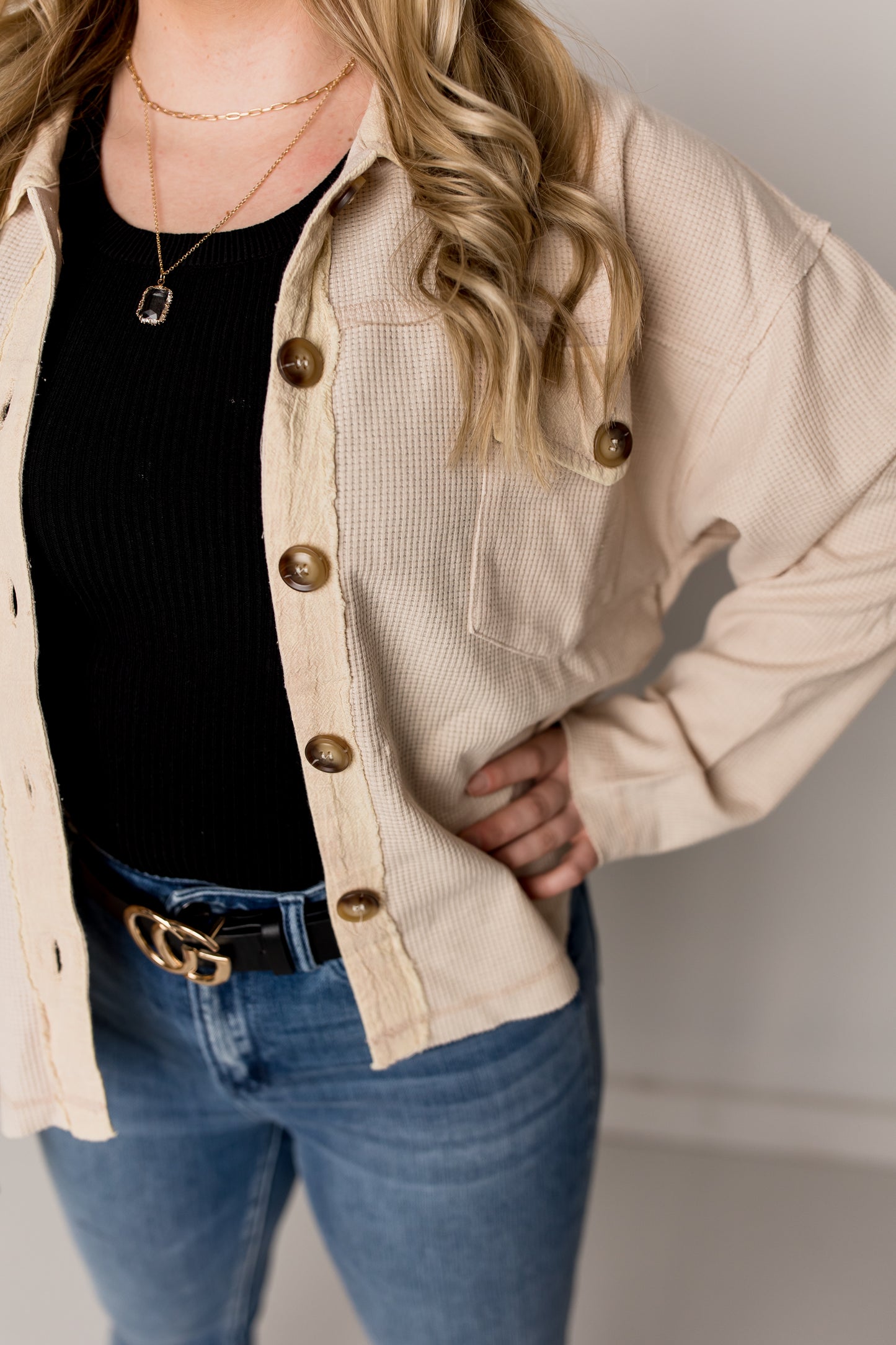 Gigi Mineral Wash Waffle Knit Shacket, Cream