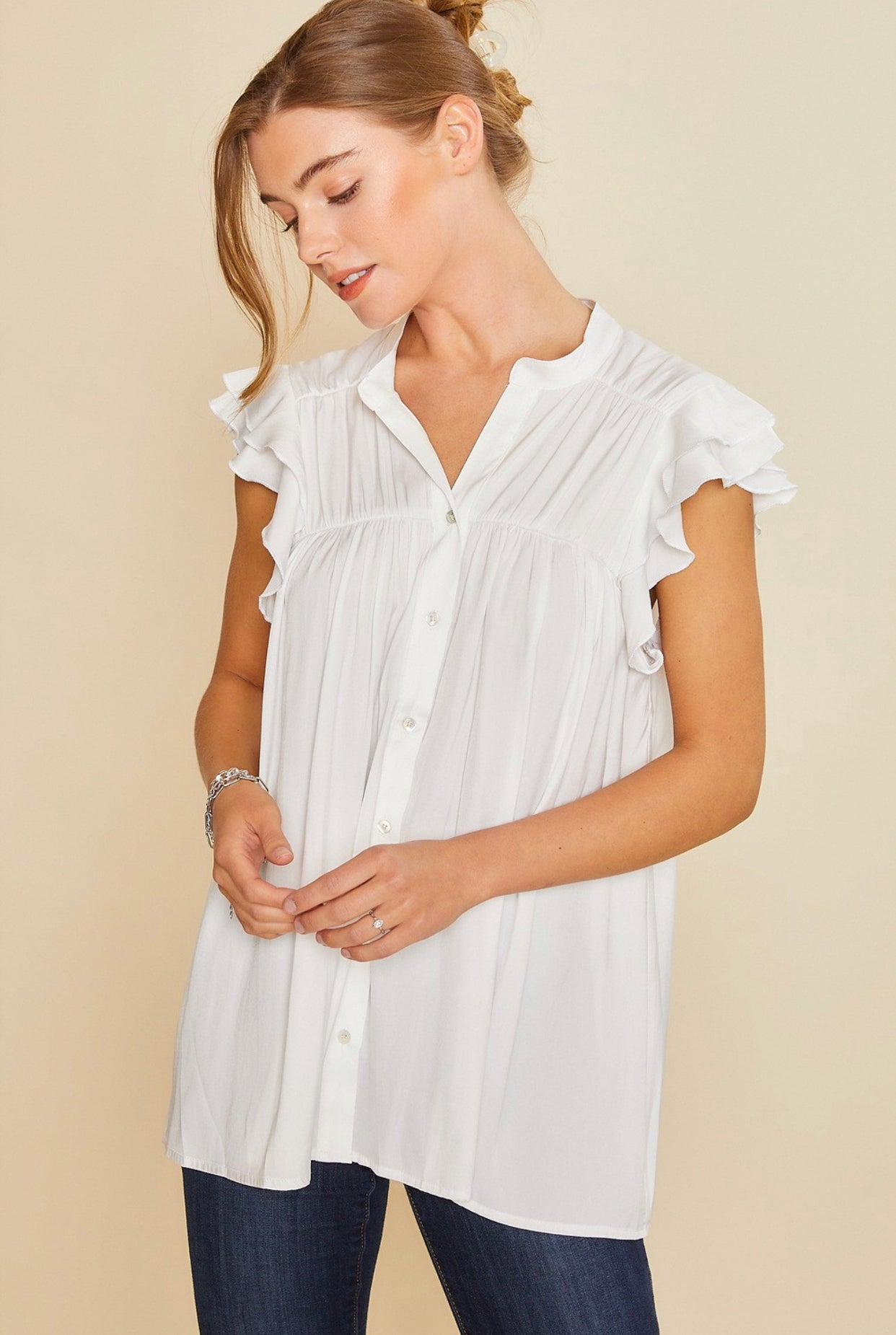 Maria Ruffle Sleeve Button Down Flowy Tunic Top, White