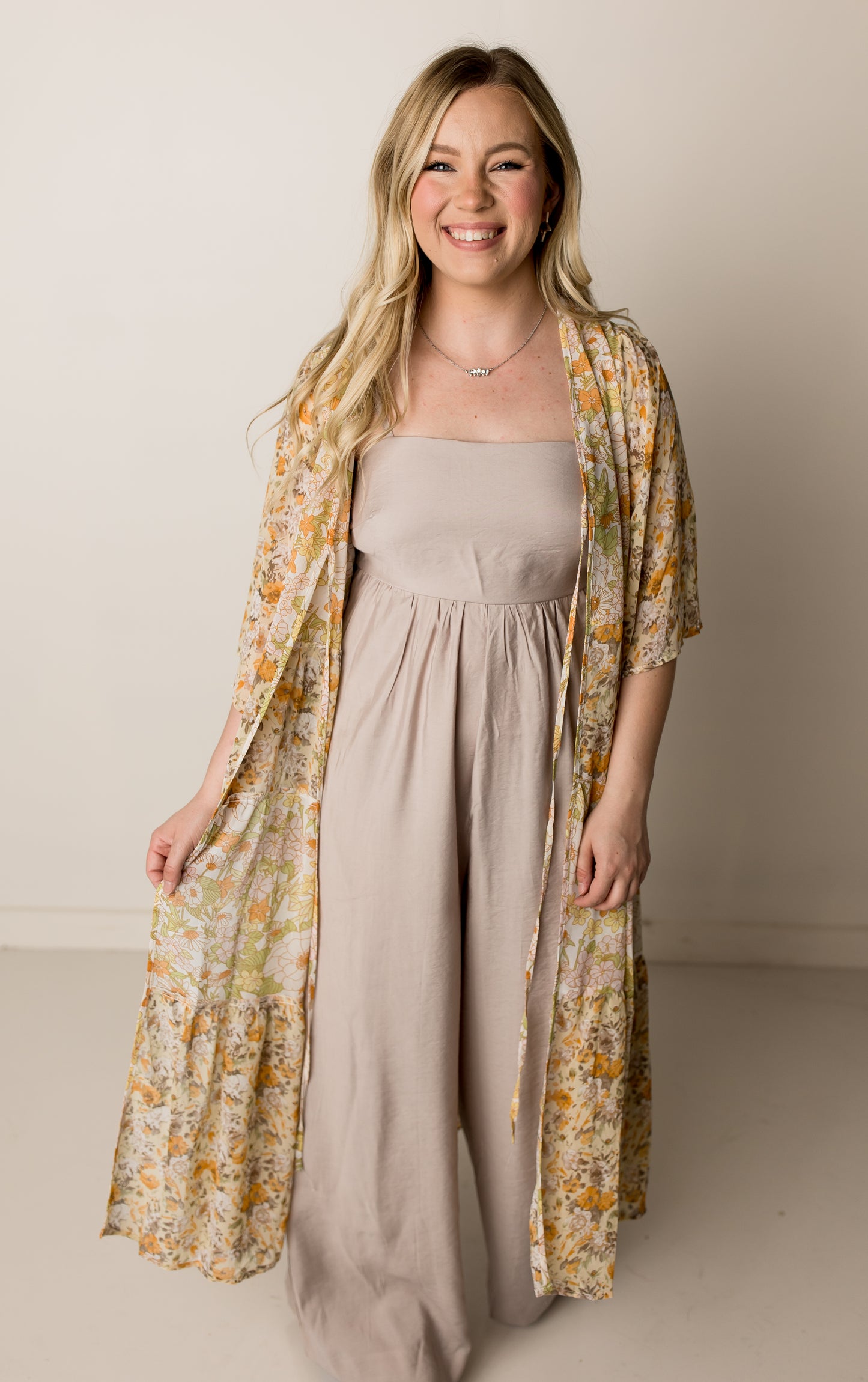 Vintage Print Chiffon Duster Kimono, Mustard Multi