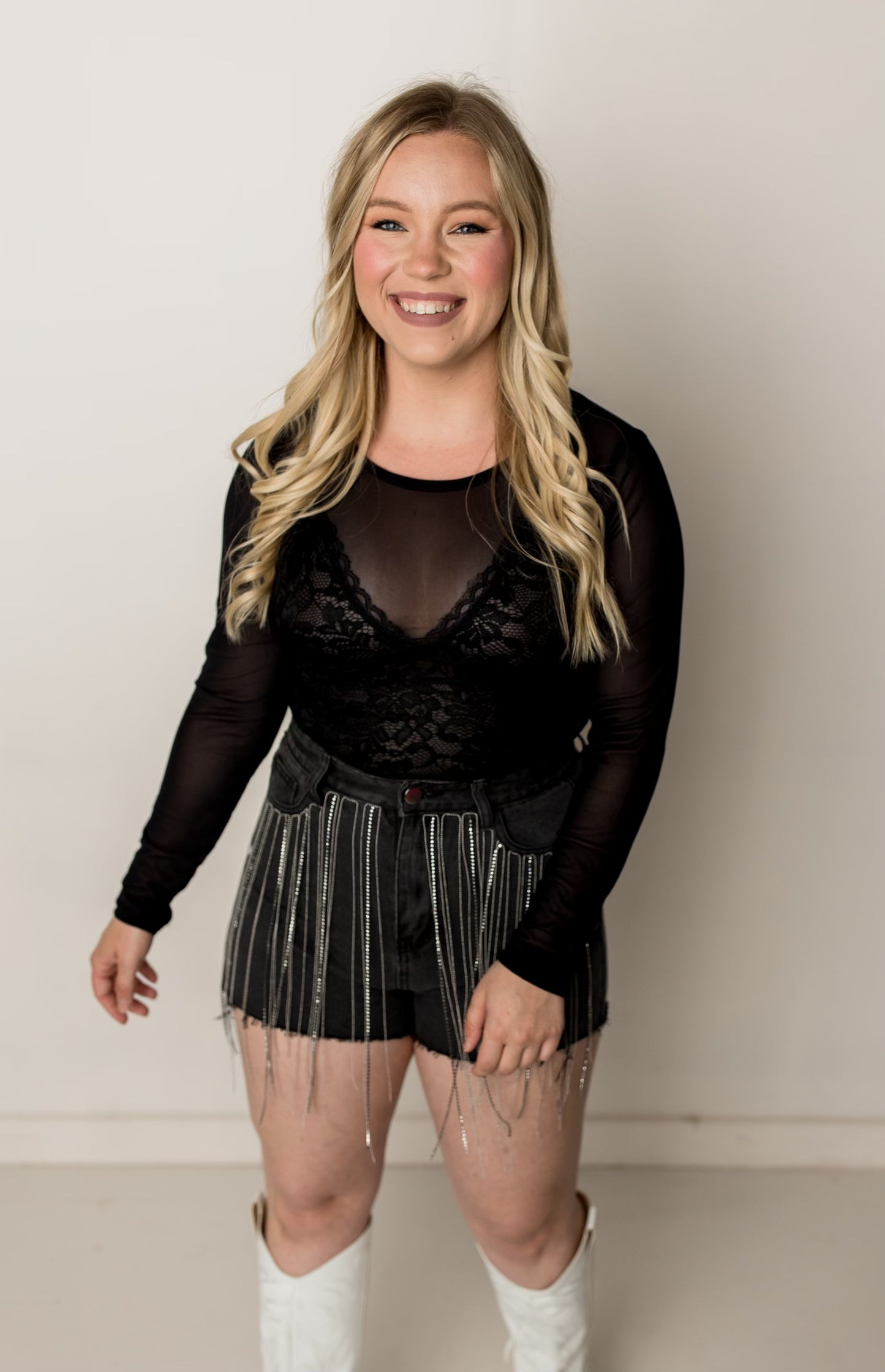 Priscilla Mesh Inner Lined Lace Bodysuit, Black