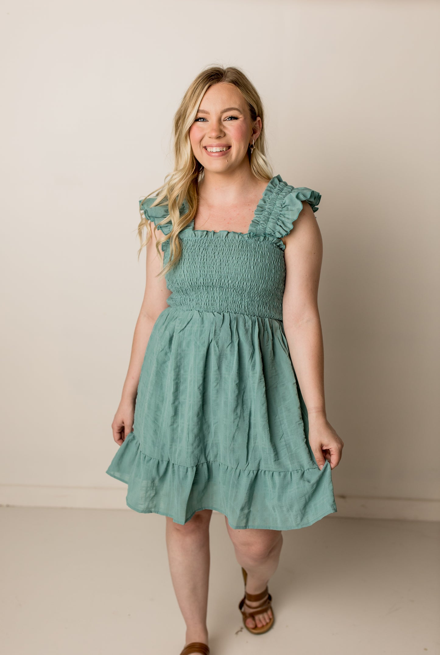 Jillian Textured Frill Detail Smocked Bodice Mini Dress, Dark Mint