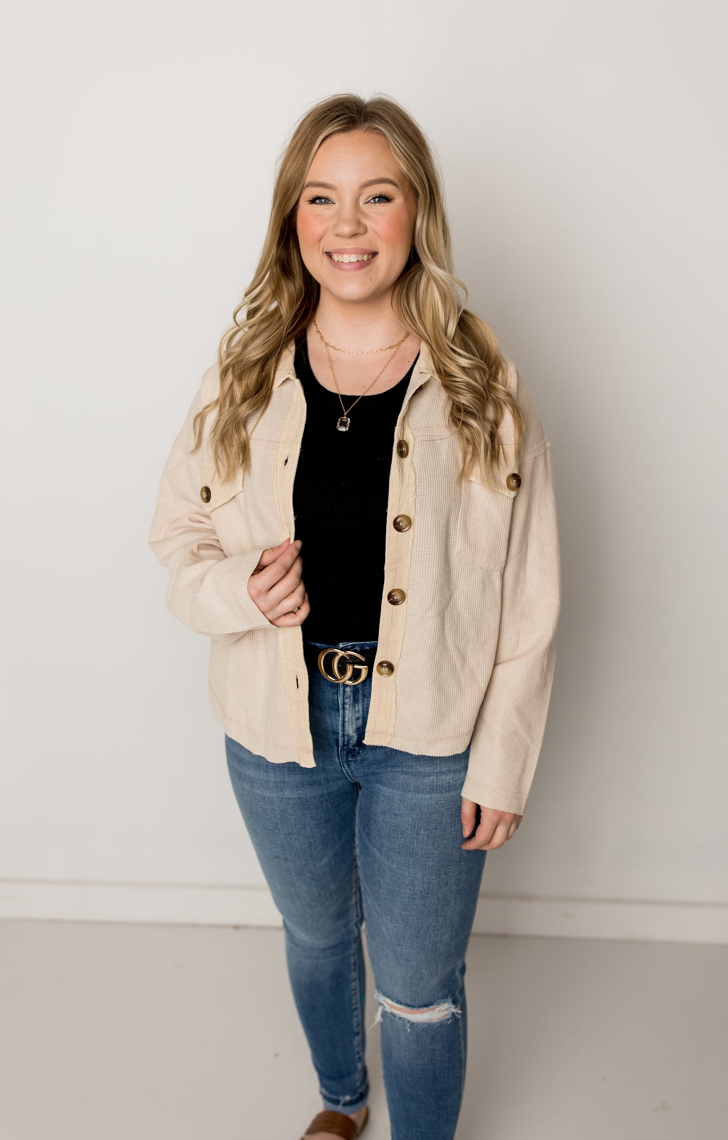 Gigi Mineral Wash Waffle Knit Shacket, Cream