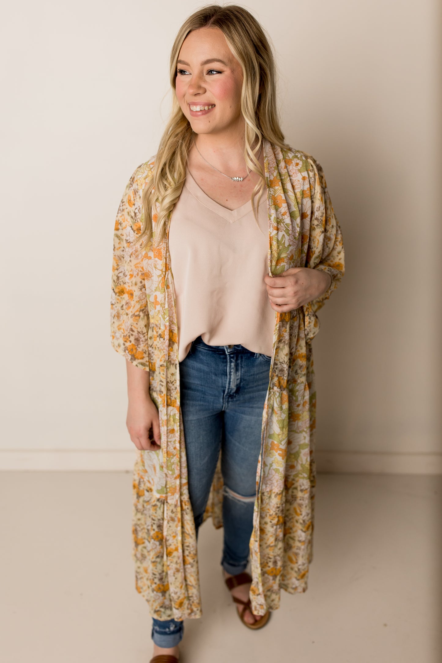 Vintage Print Chiffon Duster Kimono, Mustard Multi