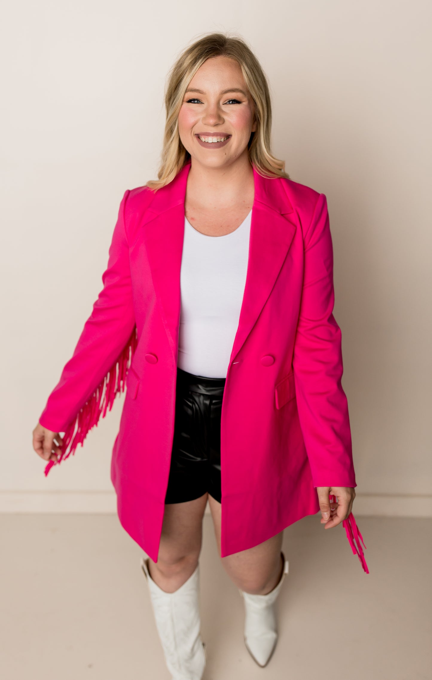 Tanya Double Breasted Fringe Blazer, Hot Pink