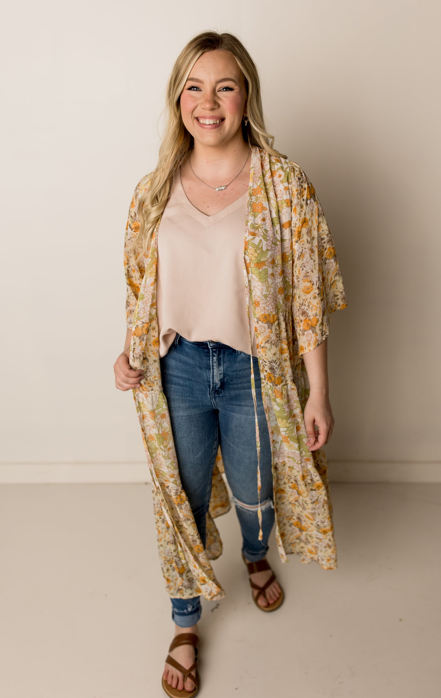 Vintage Print Chiffon Duster Kimono, Mustard Multi