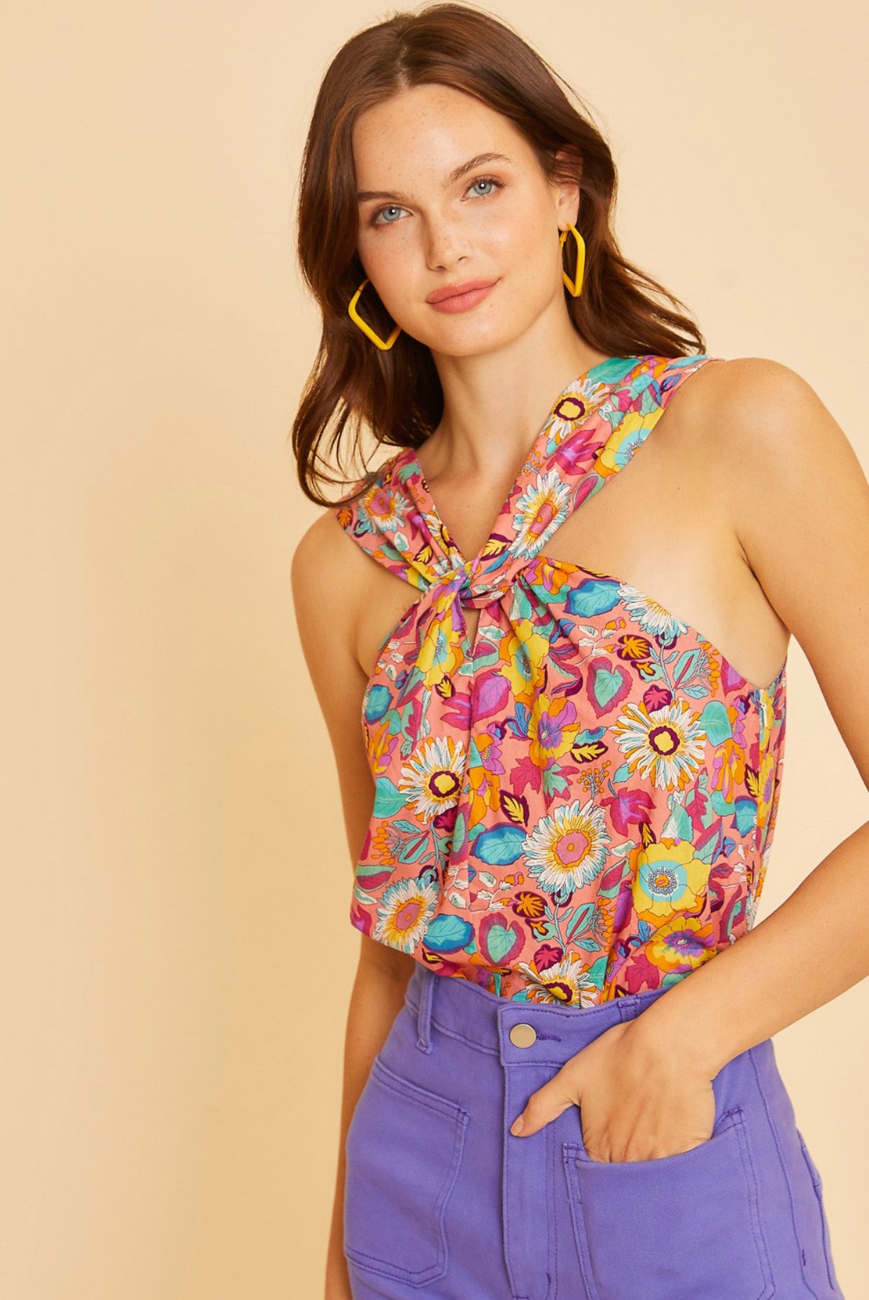 Sasha Floral Print Halter Neck Woven Blouse, Multi Color