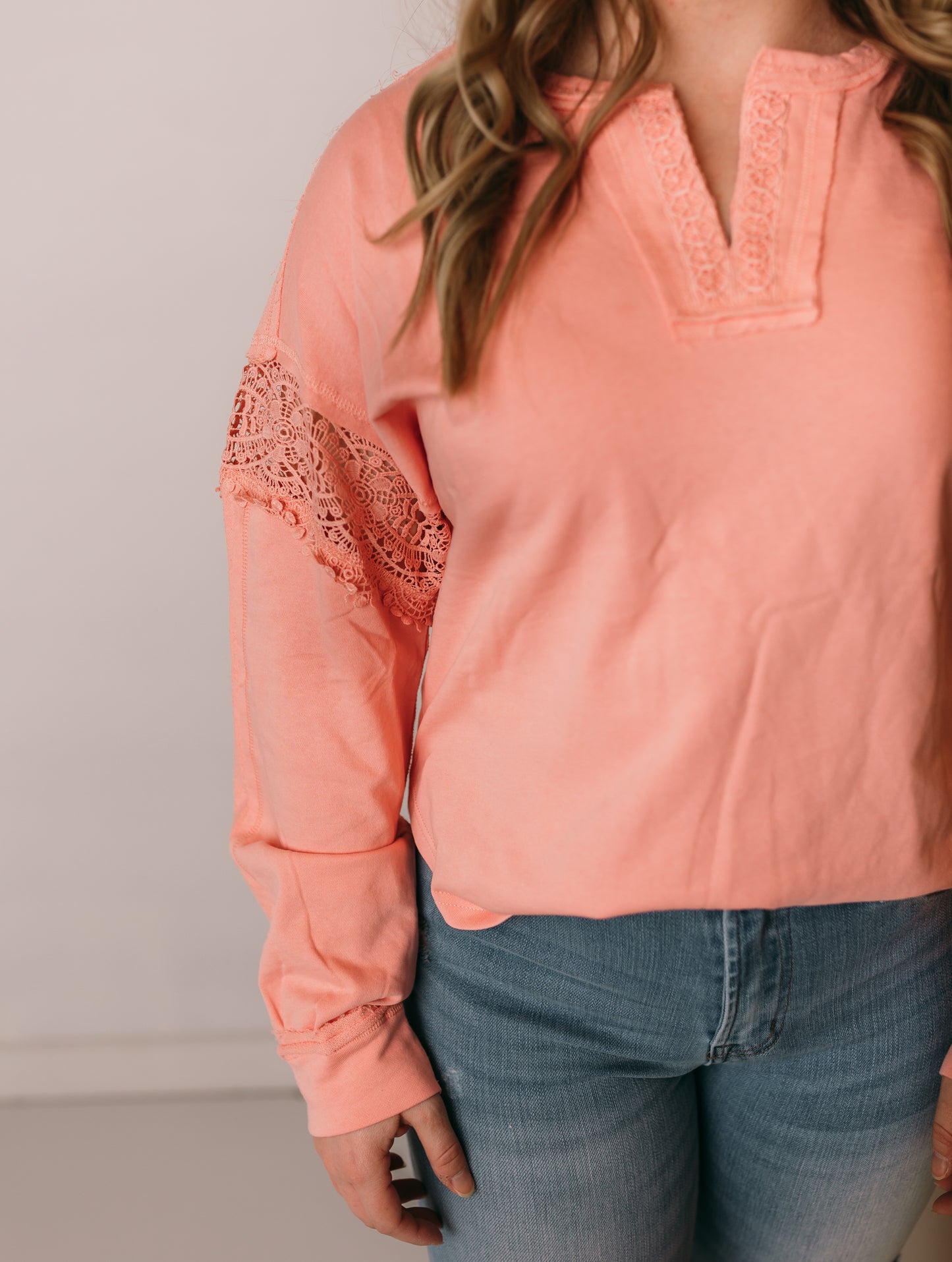 All in the Details Crochet Accent Top, Coral Pink