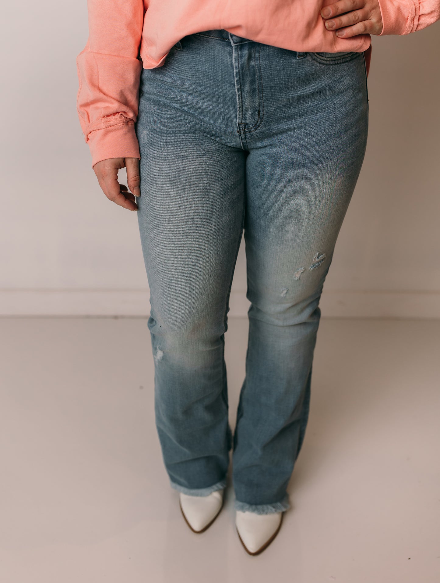 Mae Light Wash Flares with Distressed Hem, Risen