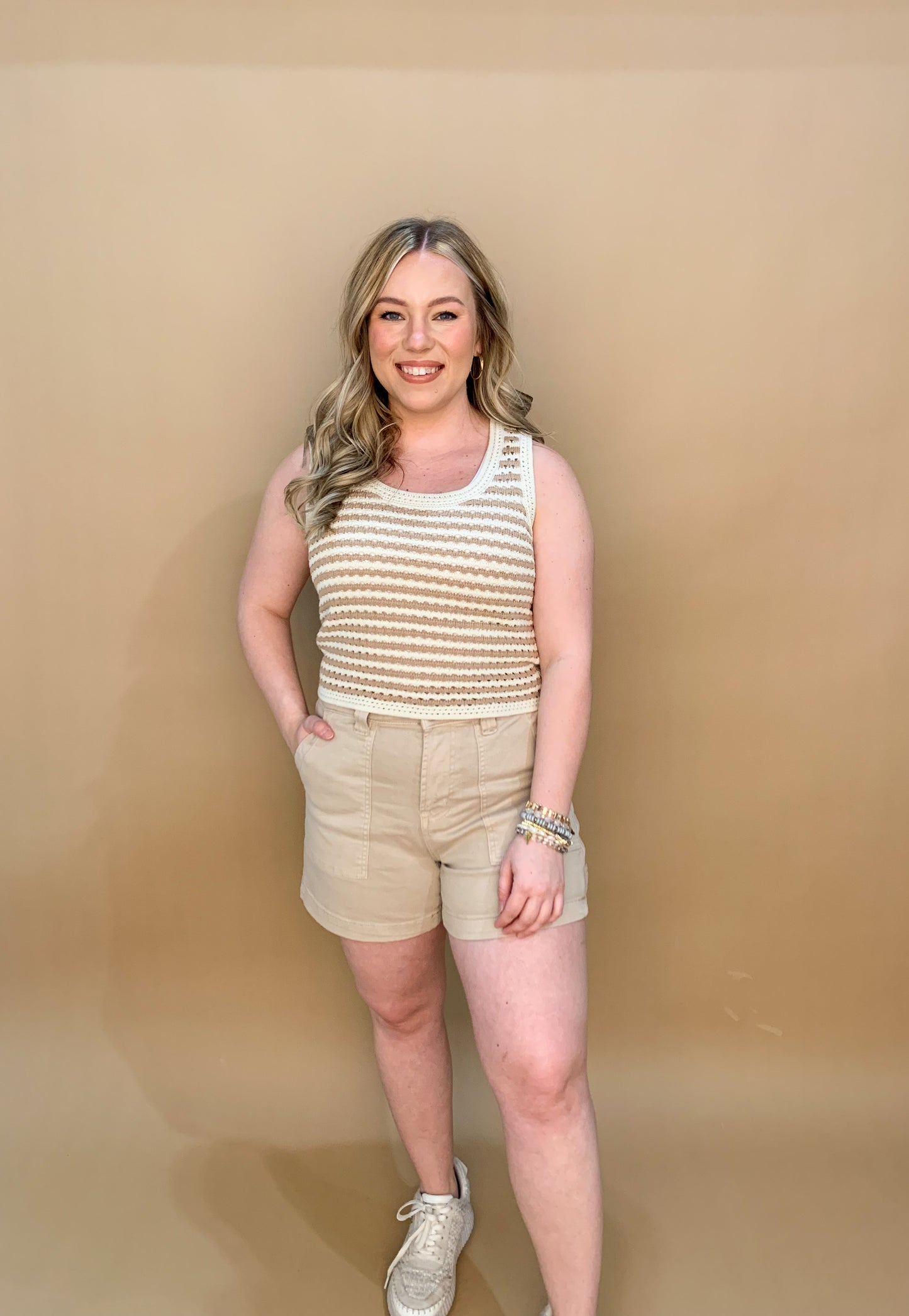 Victoria Striped Crochet Tank, Taupe