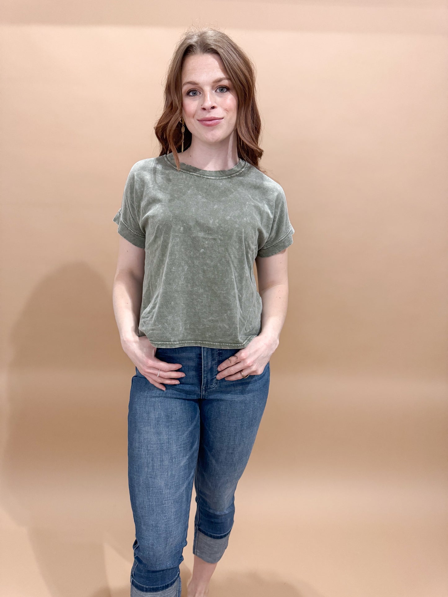 Eden Round Neck Mineral Wash Back Seam Detail Short Sleeve Top, Olive