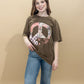 Patchwork Peace Sign Oversized Graphic Tee, Brown