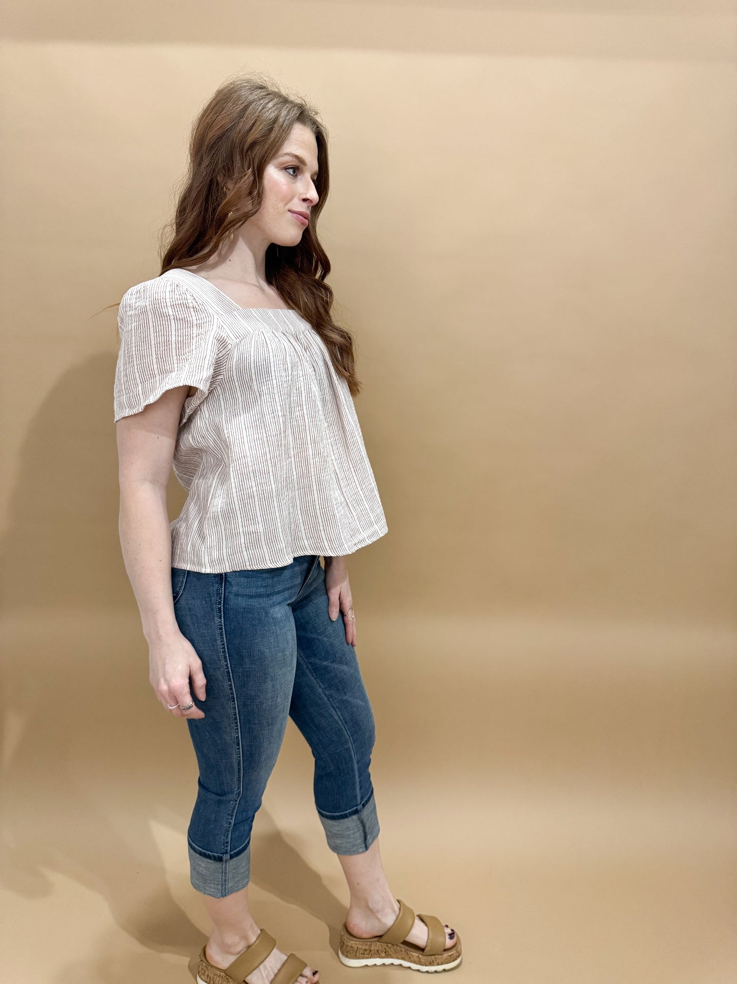 Zena Flowy Boxy Cropped Gauze Striped Top, Amber (matching set)
