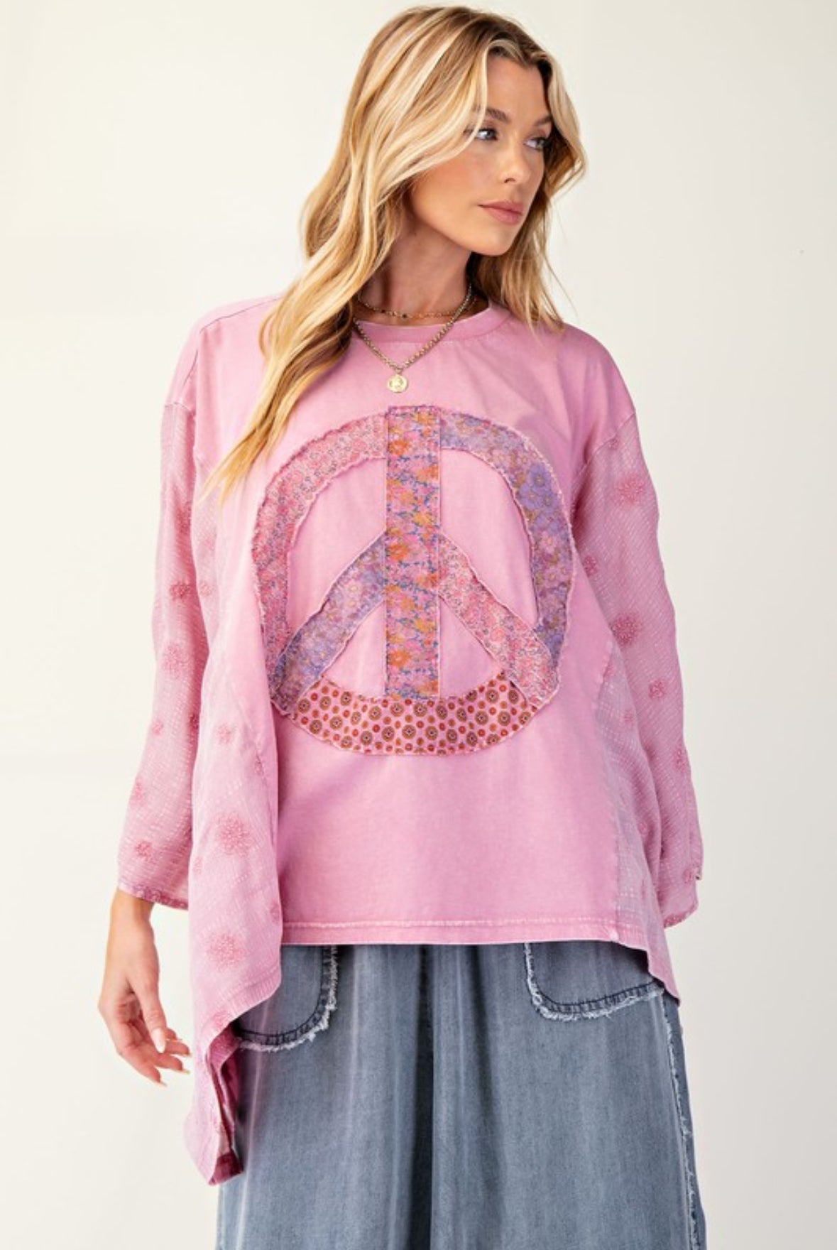 Myra Embroidered Patchwork Peace Sign Poncho, Dusty Rose