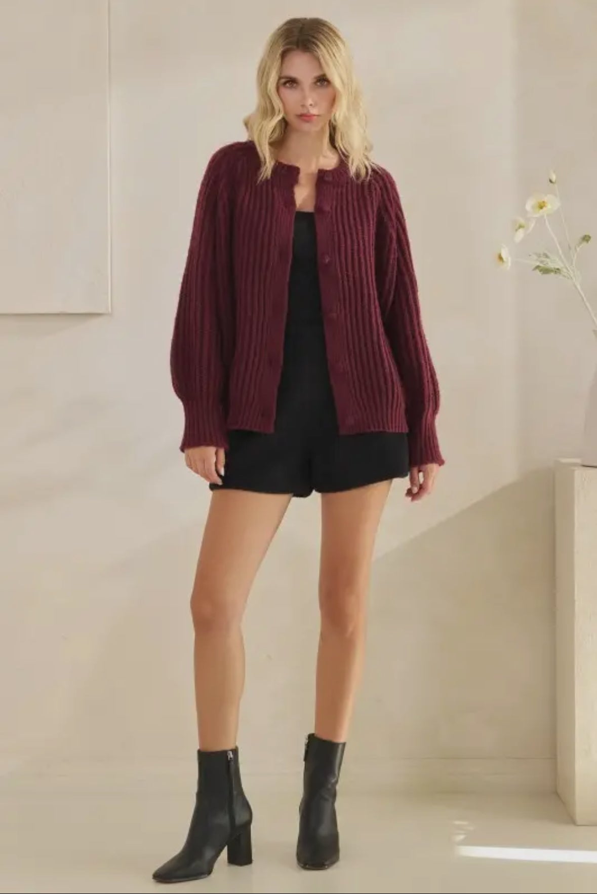 Maxine Button Up Knit Sweater, Wine