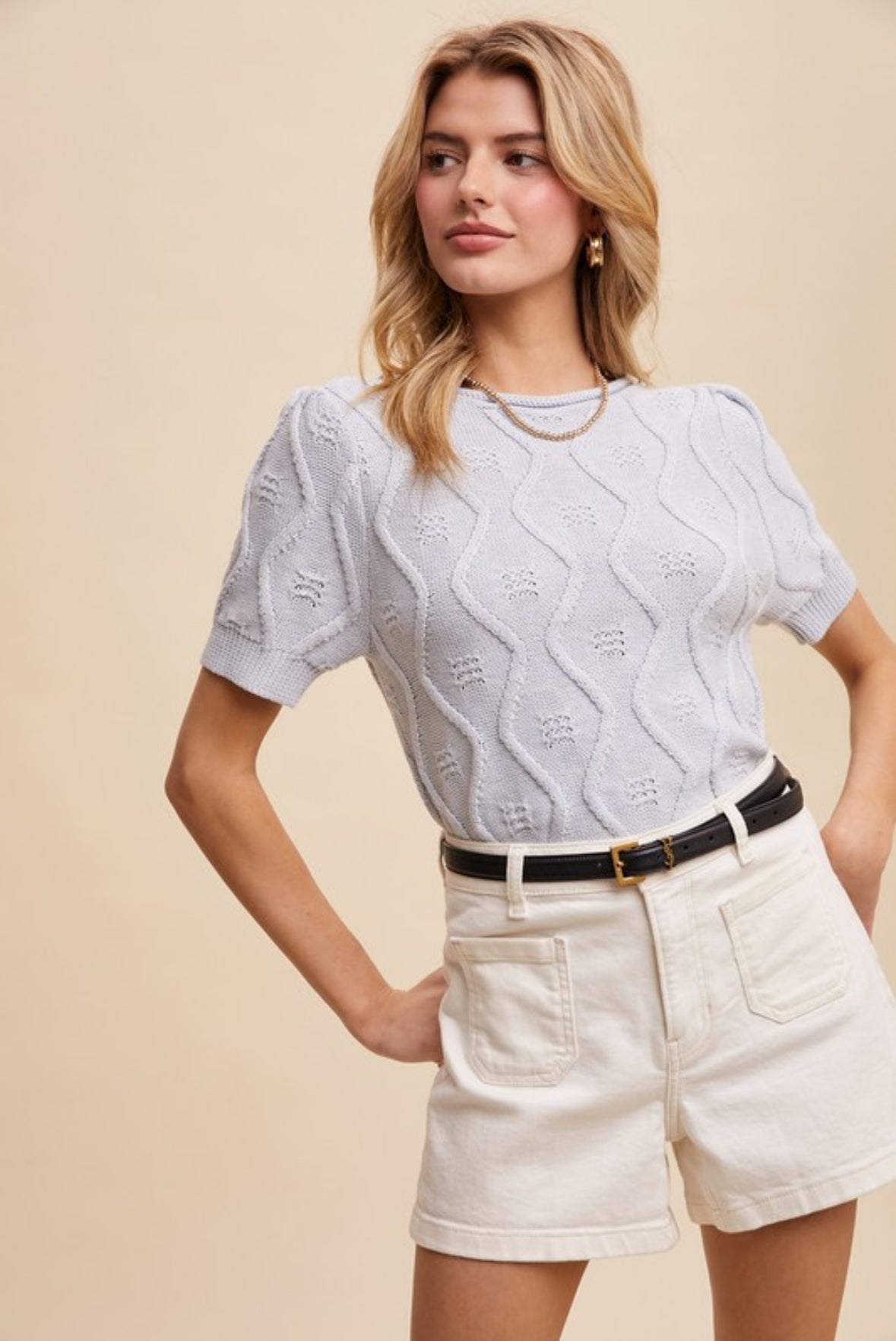 Helen Textured Puff Sleeve Knit Top, Satin Blue