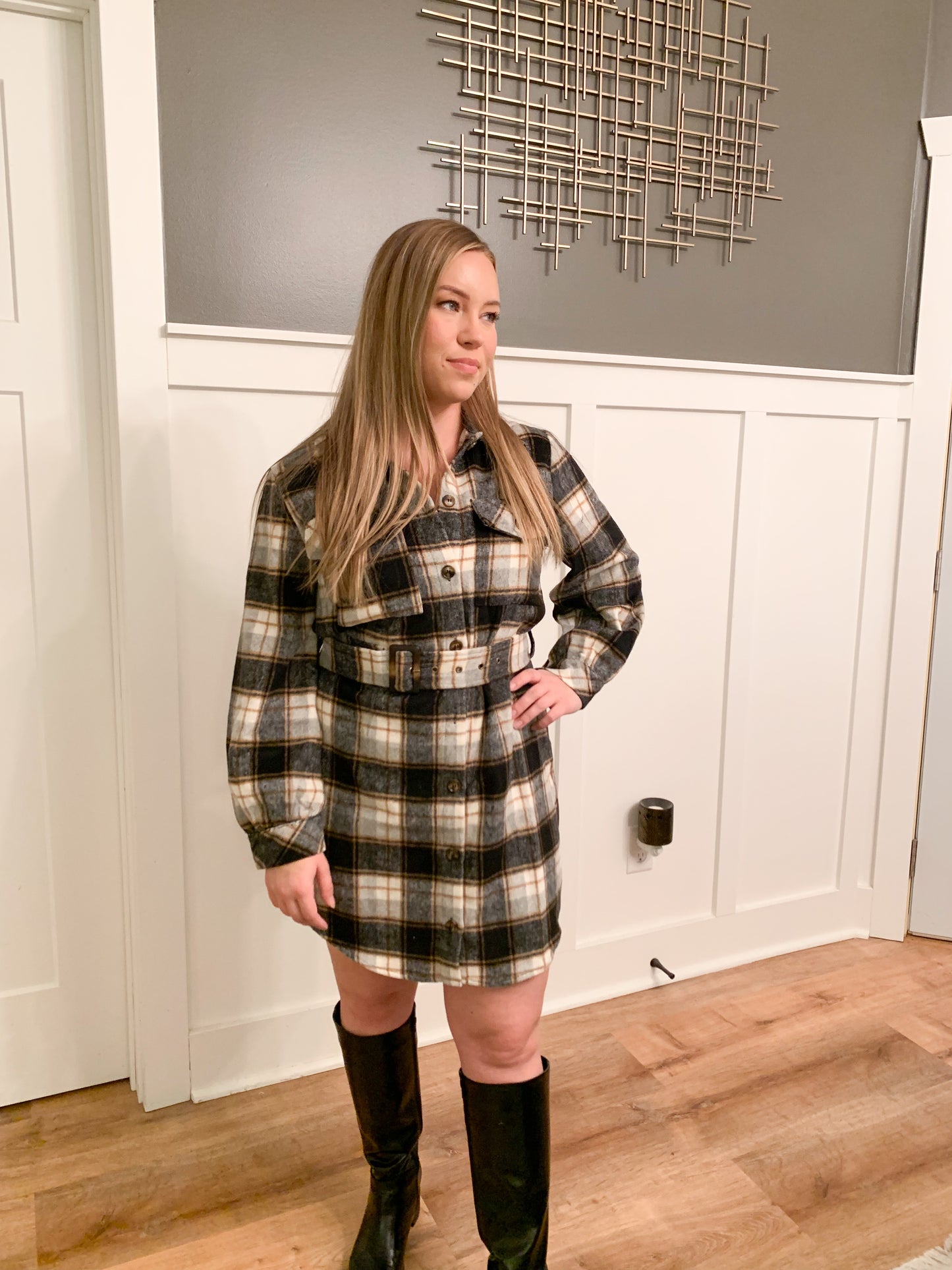 Danica Flannel Belted Mini Dress, Black