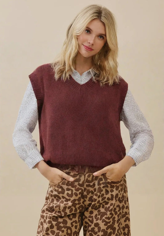 Mariah Classic V-Neck Sweater Vest, Brown