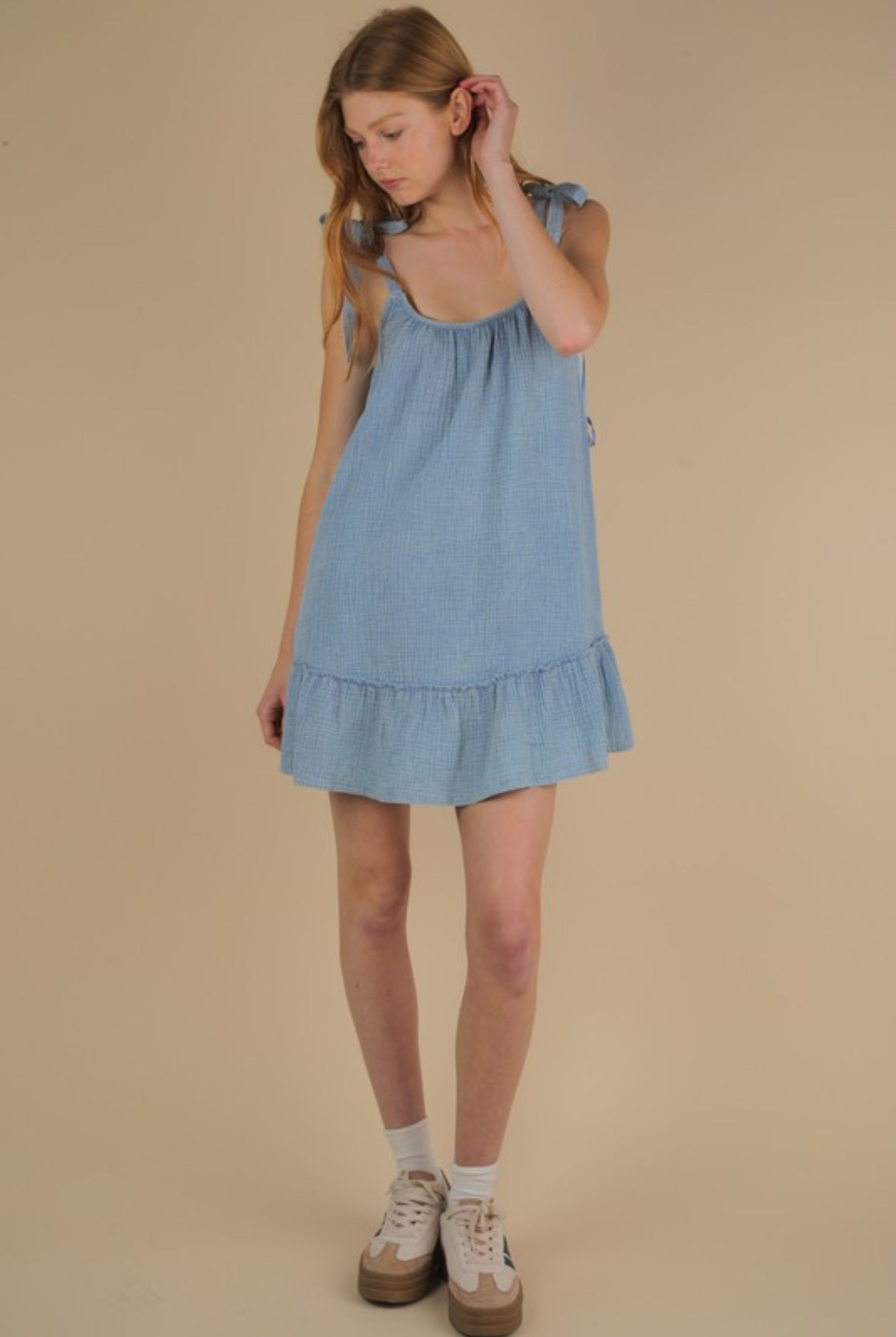 Kathi Mineral Washed Shoulder Tie Mini Dress, Denim