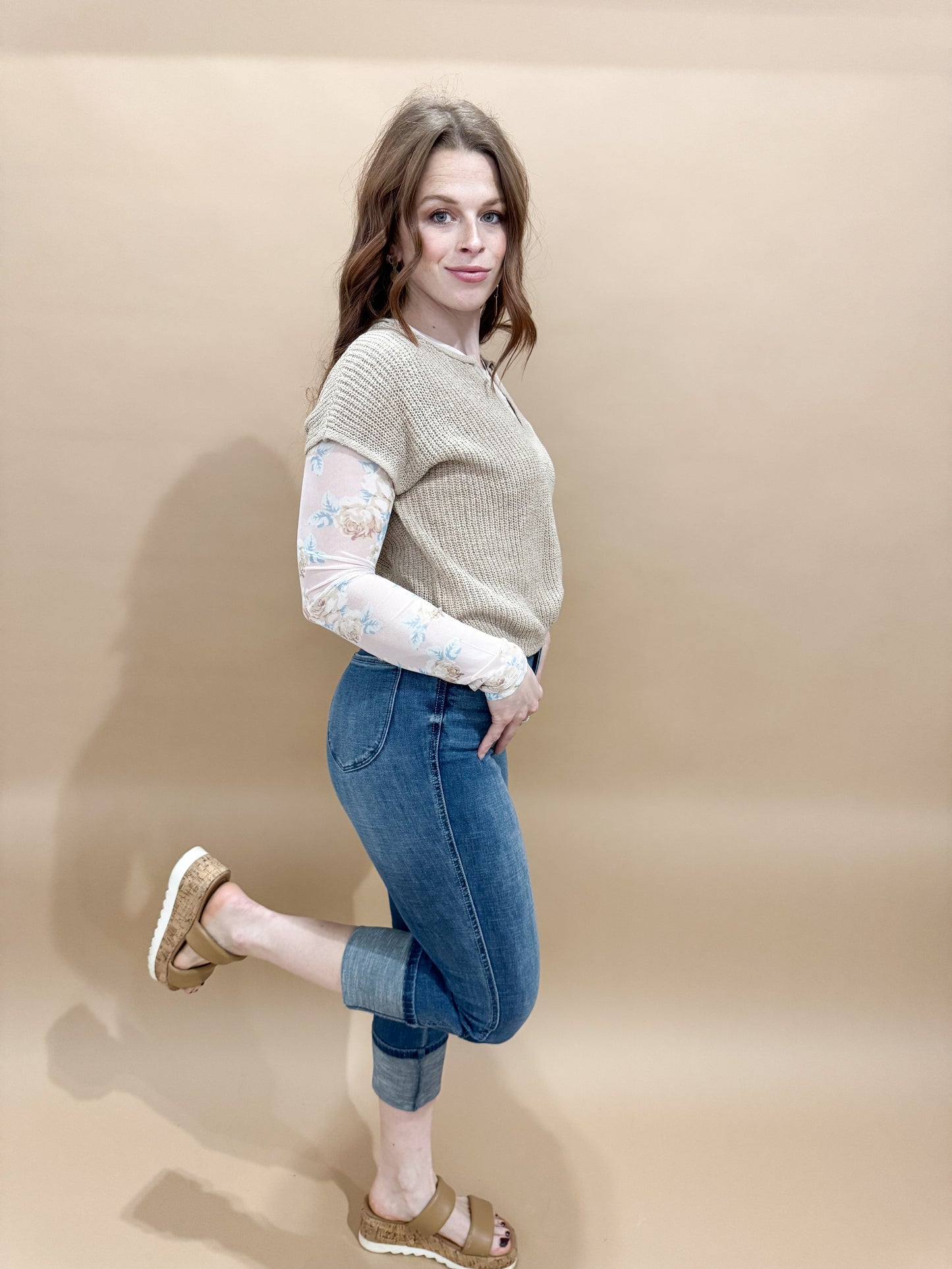 Belle Split Neck Short Sleeve Knit Pullover, Light Khaki