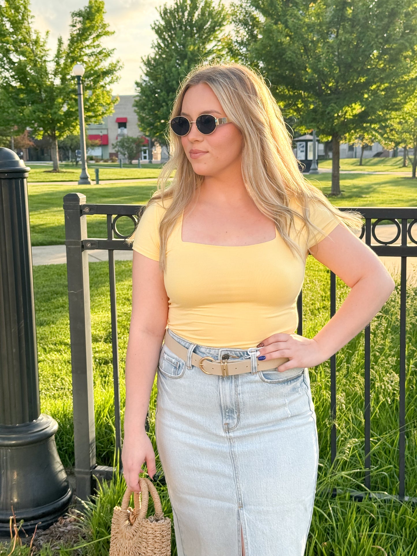 Goldie Square Neck Basic Tee, Lemon Yellow