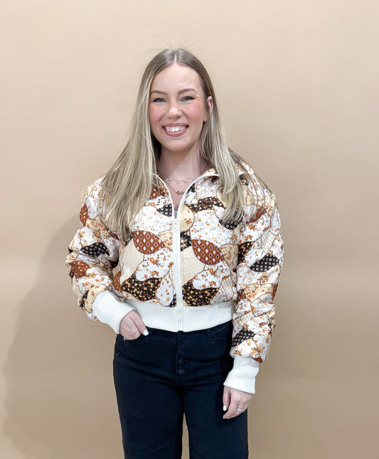 Christi Patchwork Puff Jacket, Brown Multi