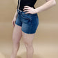 MJ Dark Wash Raw Hem Denim Shorts, Risen