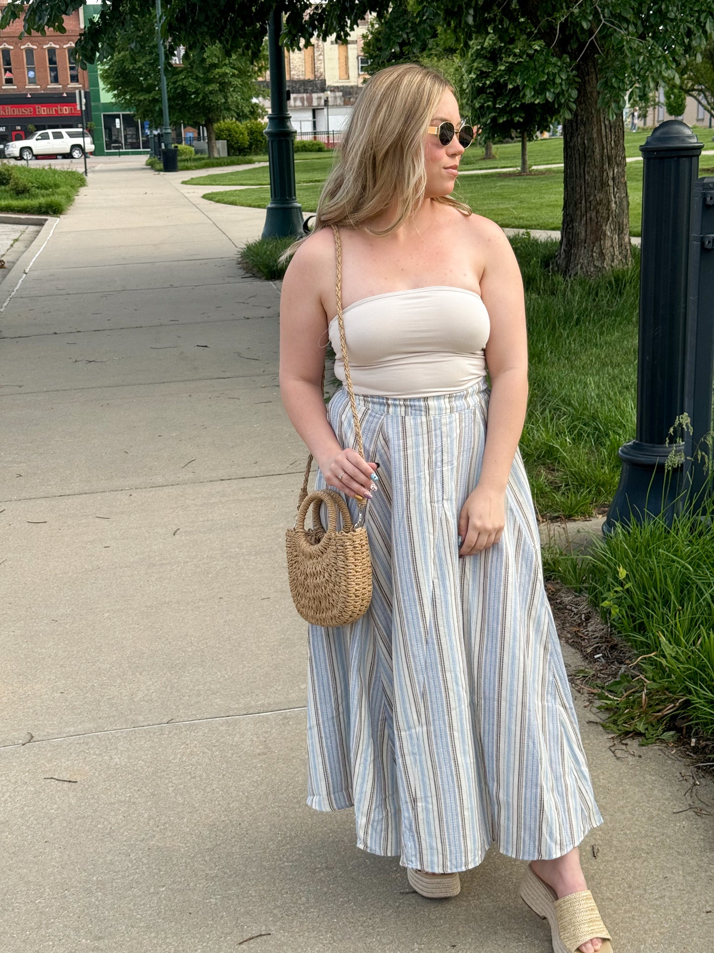 Milan Striped Linen Maxi Skirt, Blue