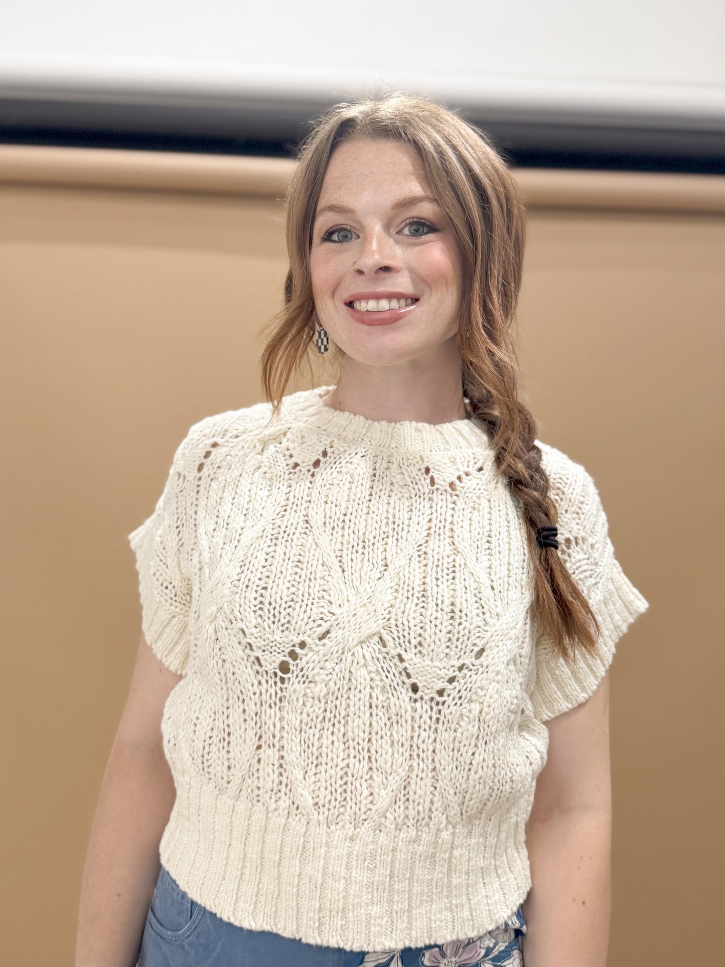 Yazzie Cable Knit Short Sleeve Sweater Top, Oatmeal