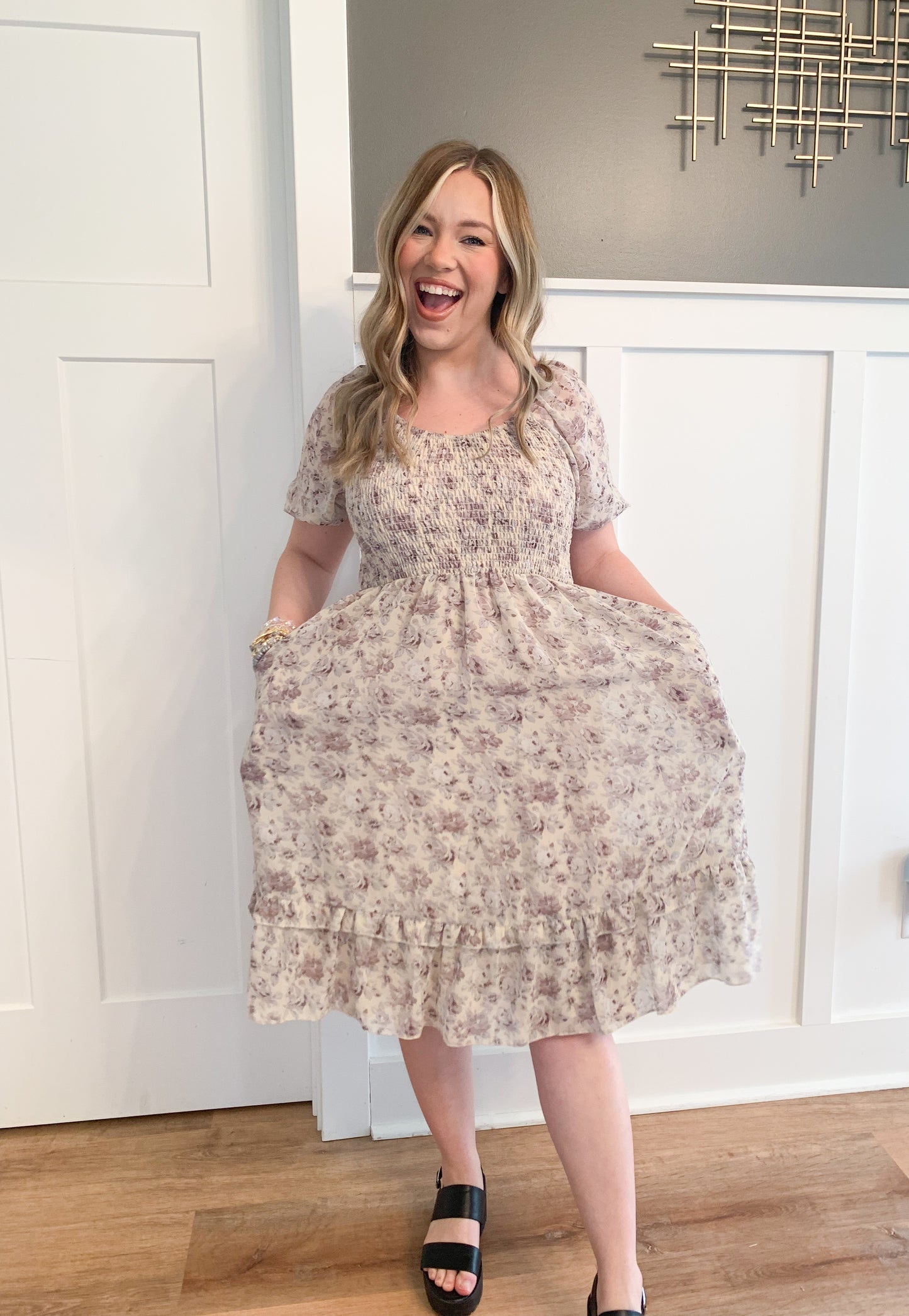 Lennon Floral Tea Length Dress, Whisper Gray