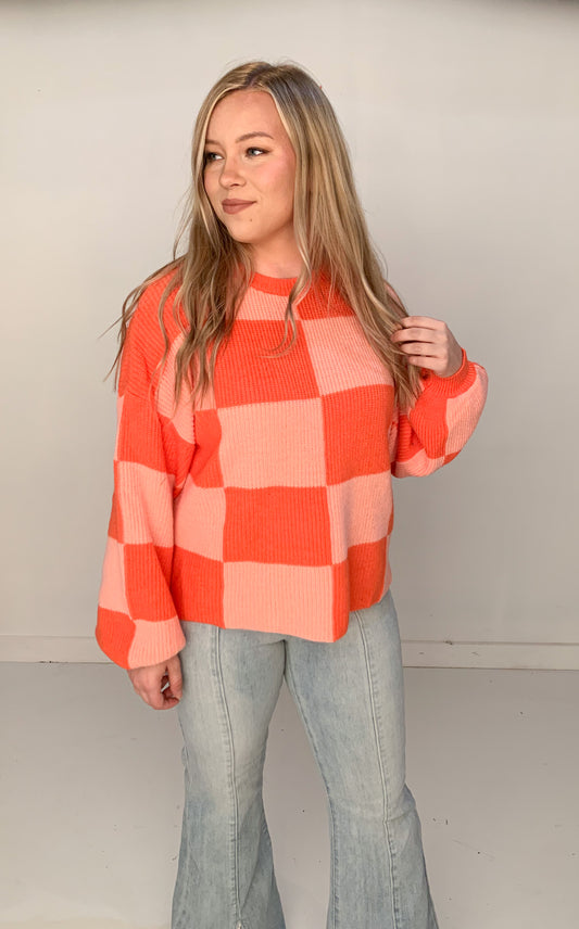 Modern Groove Checkered Sweater, Orange Apricot
